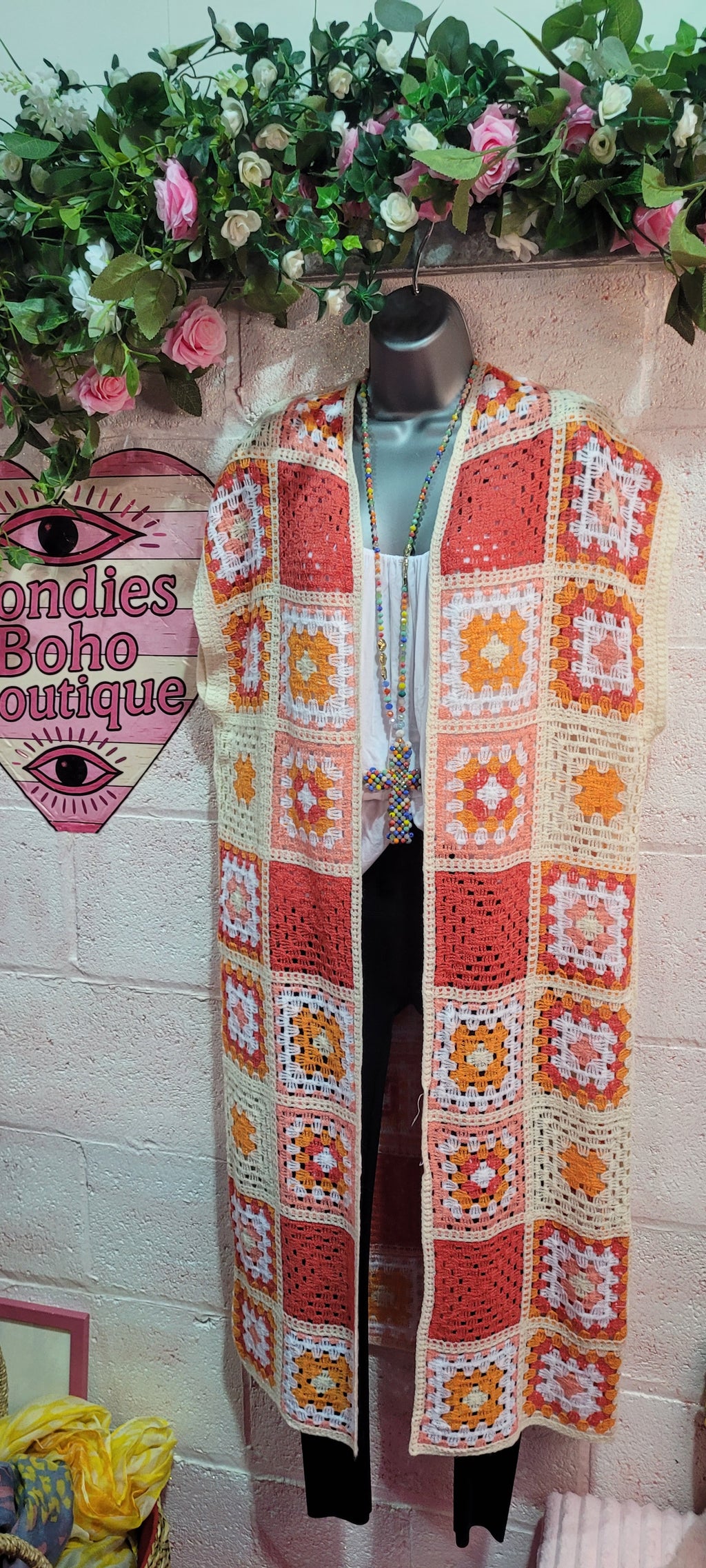 Delilah Long Line Crochet Waistcoat Tangerine, Peach & Ivory
