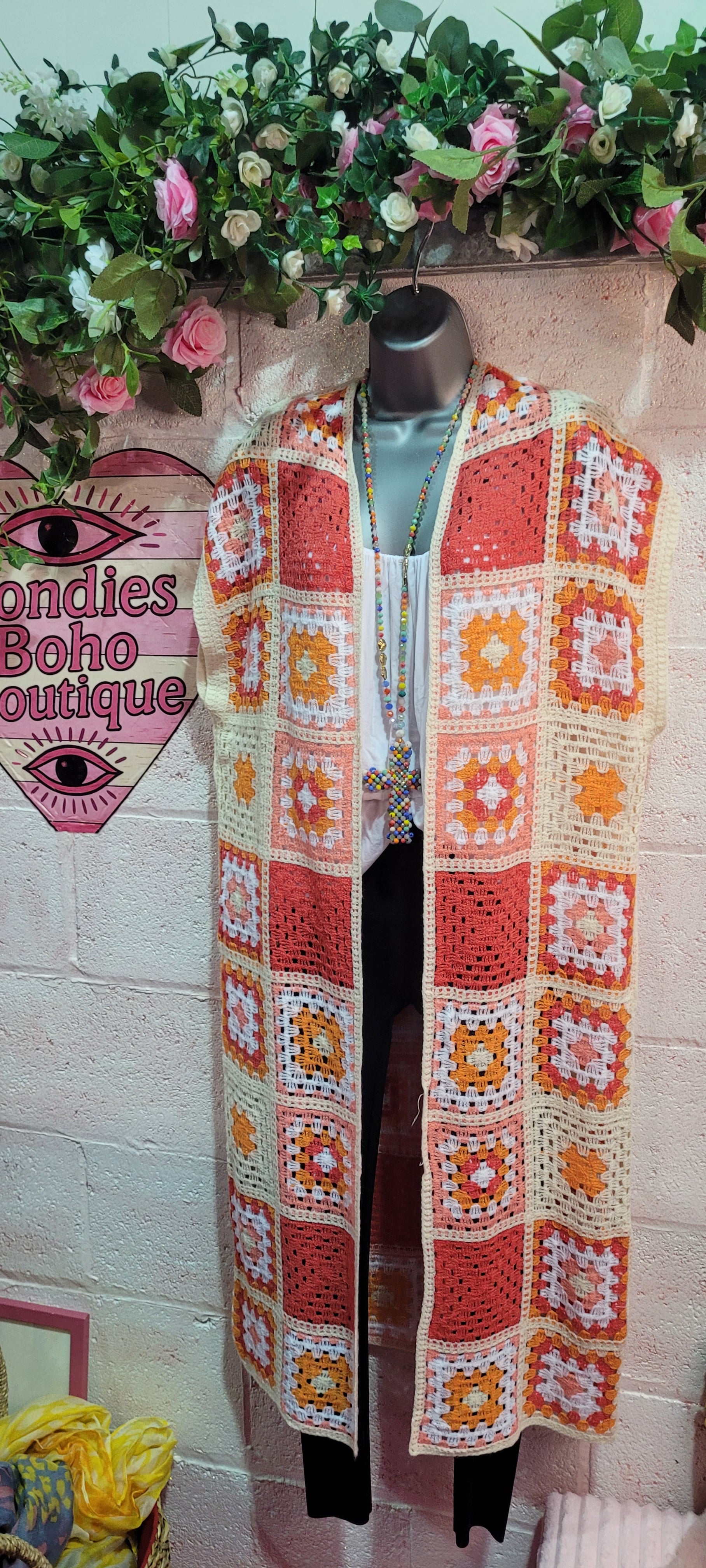 Delilah Long Line Crochet Waistcoat Tangerine, Peach & Ivory