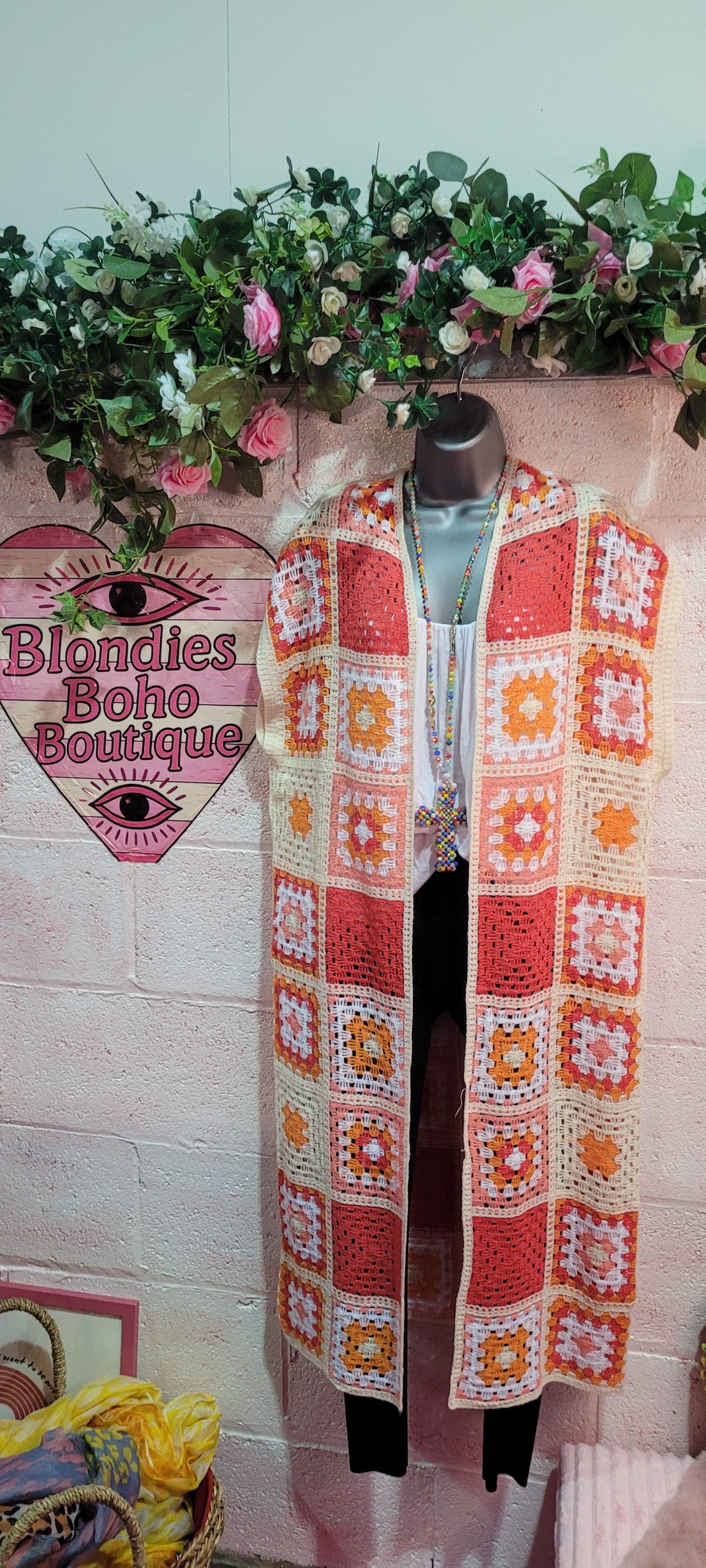 Delilah Long Line Crochet Waistcoat Tangerine, Peach & Ivory