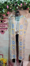 Delilah Long Line Crochet Waistcoat Blue, Peach & Ivory