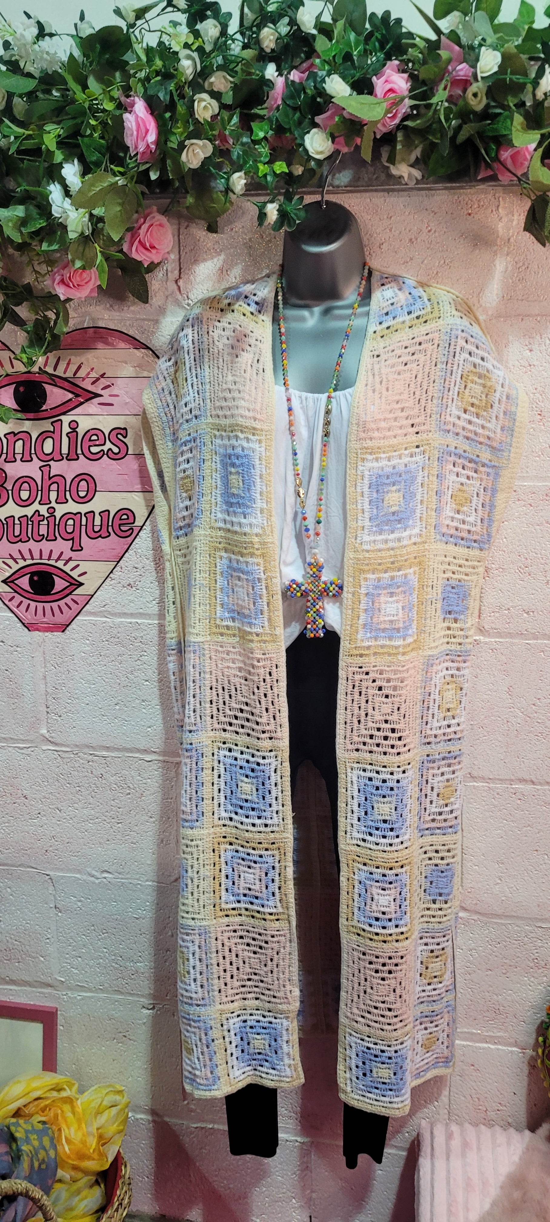 Delilah Long Line Crochet Waistcoat Blue, Peach & Ivory