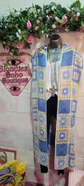 Delilah Long Line Crochet Waistcoat Cream, Blue & Oatmeal