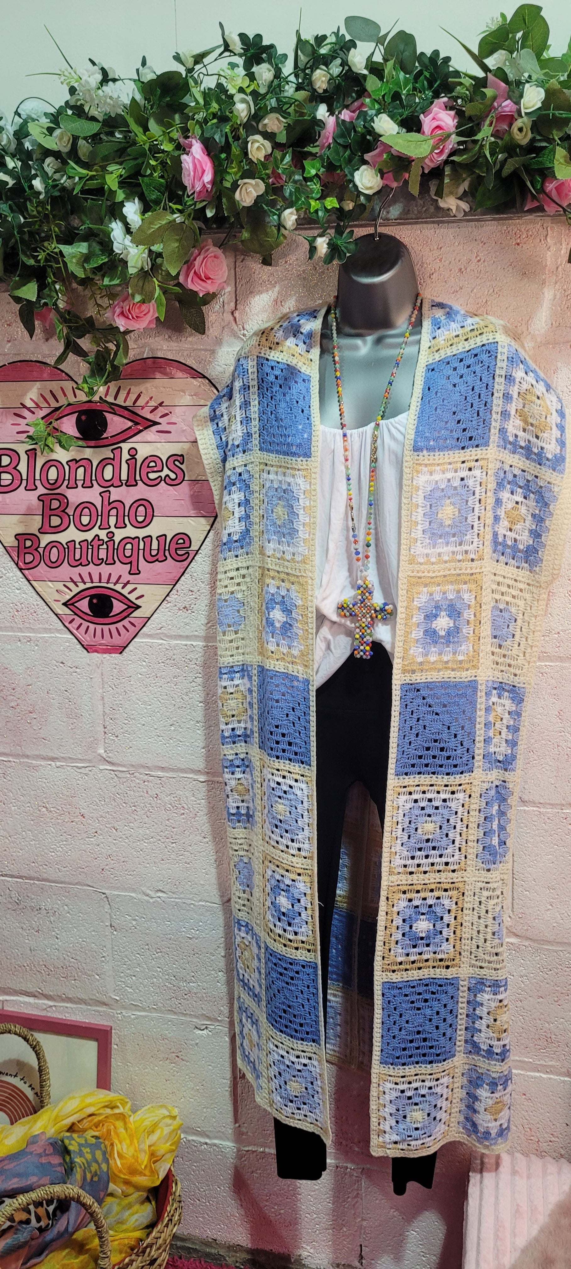 Delilah Long Line Crochet Waistcoat Cream, Blue & Oatmeal