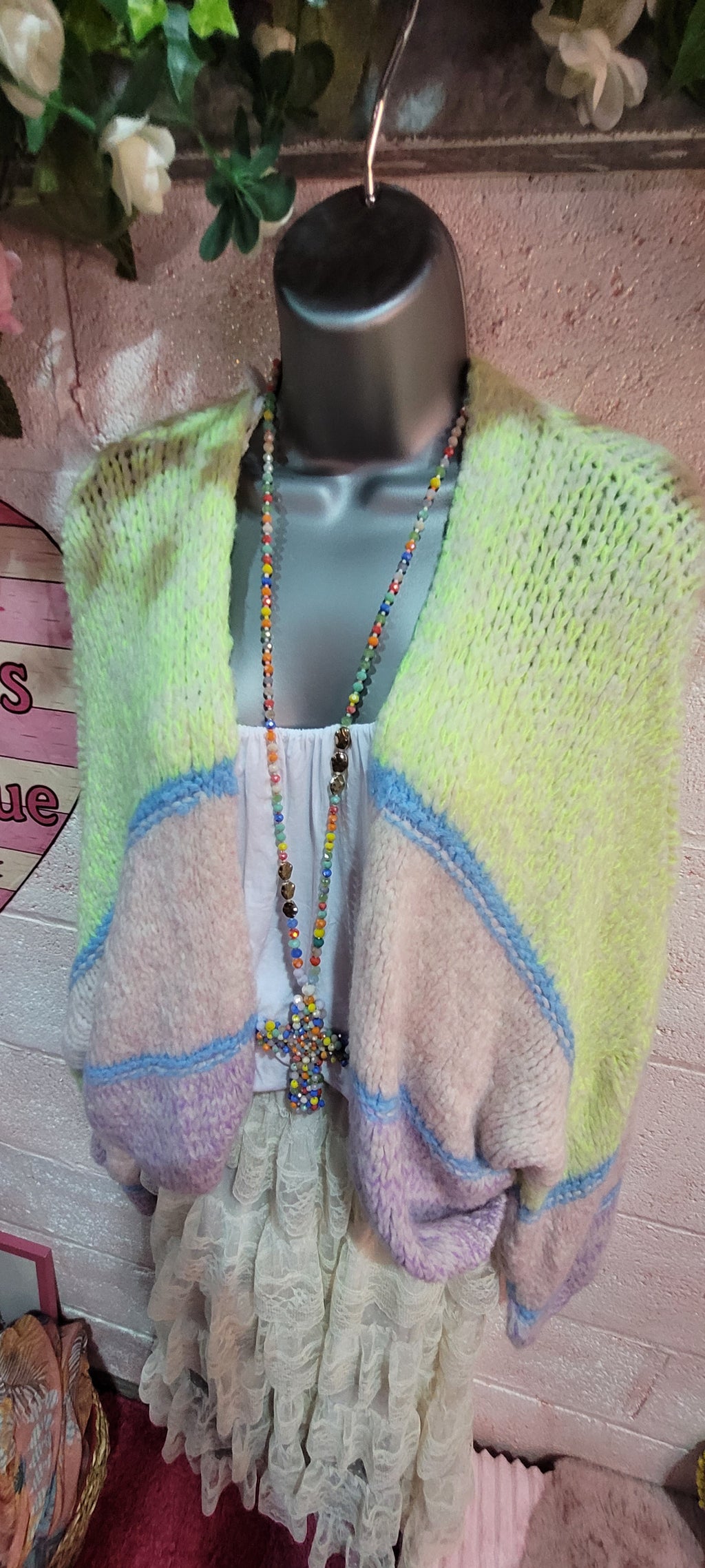 Sadie Slouch Knit Bubble Knit Cardigan Yellow, Blue & Pale Pink