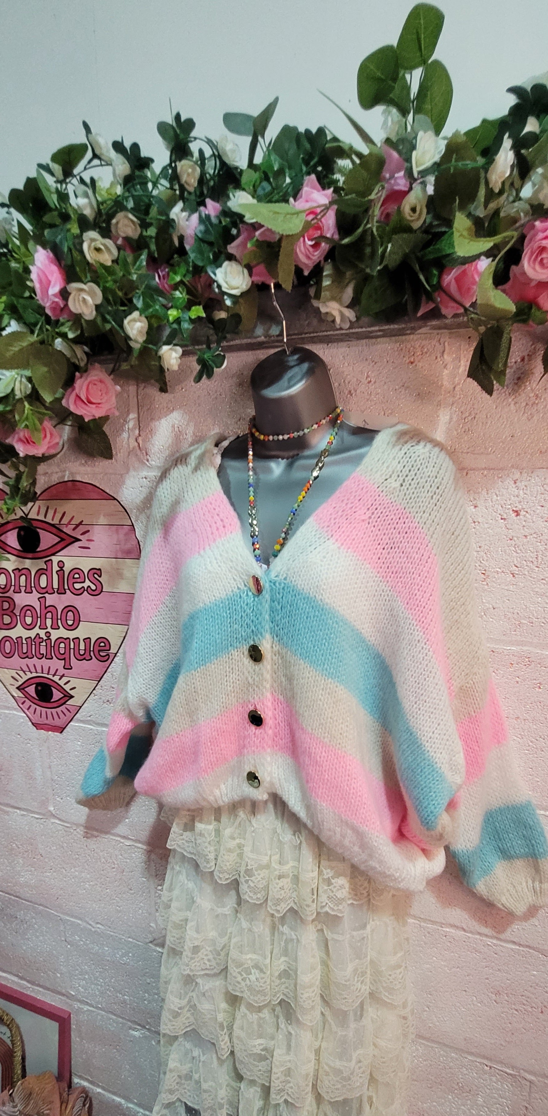 Samira Button Down Cardigan, Cream, Baby Pink & Blue Stripes