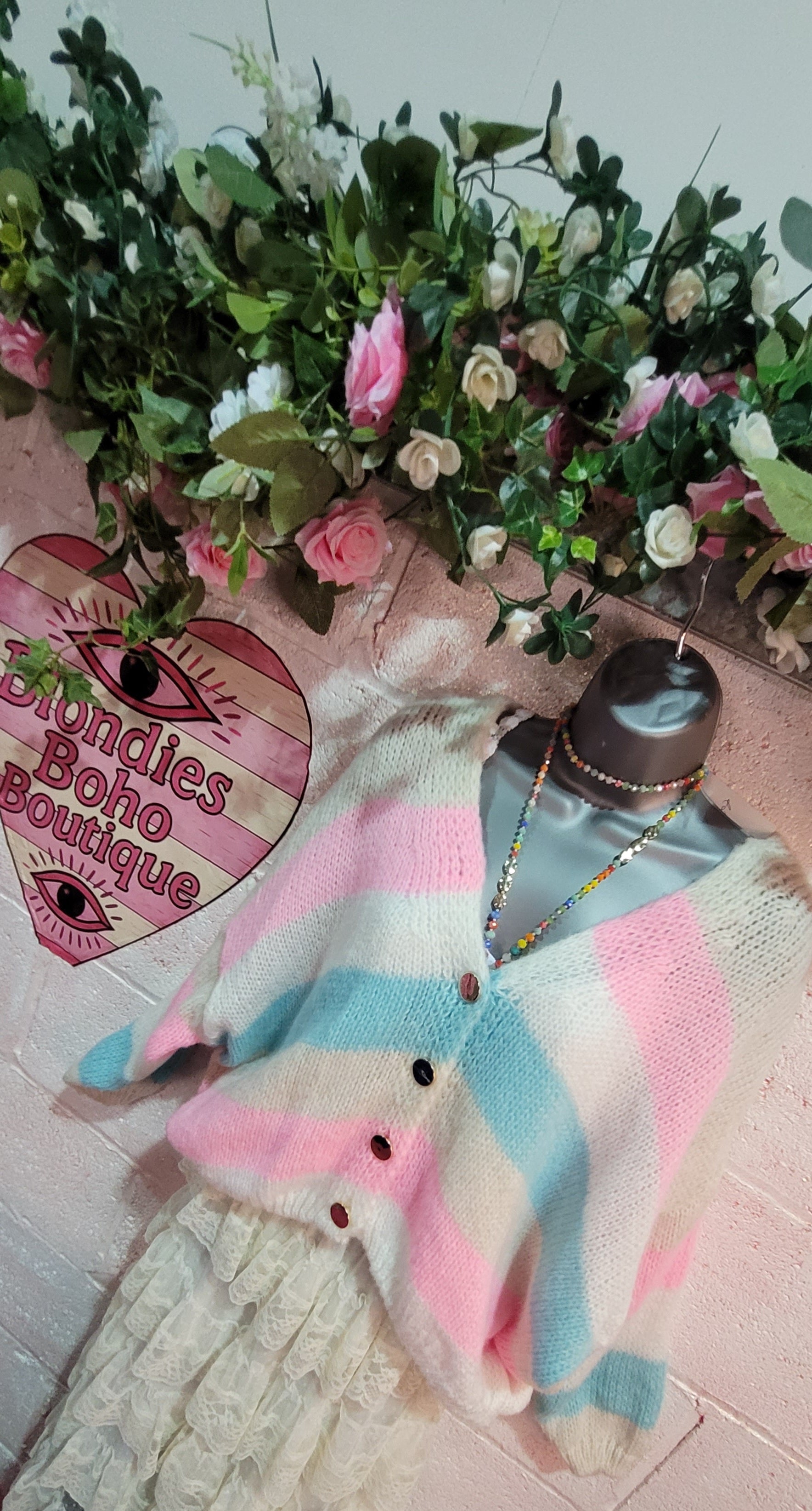 Samira Button Down Cardigan, Cream, Baby Pink & Blue Stripes