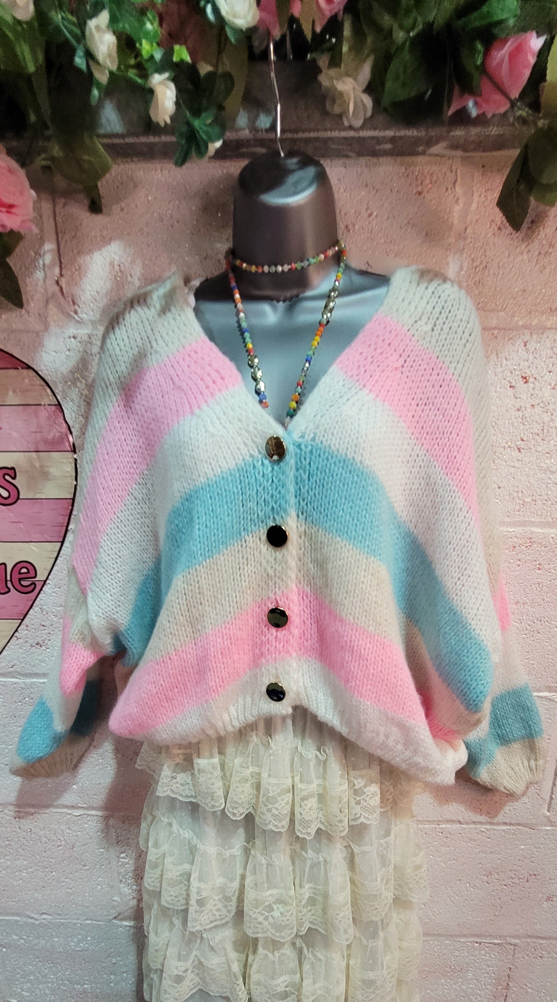 Samira Button Down Cardigan, Cream, Baby Pink & Blue Stripes