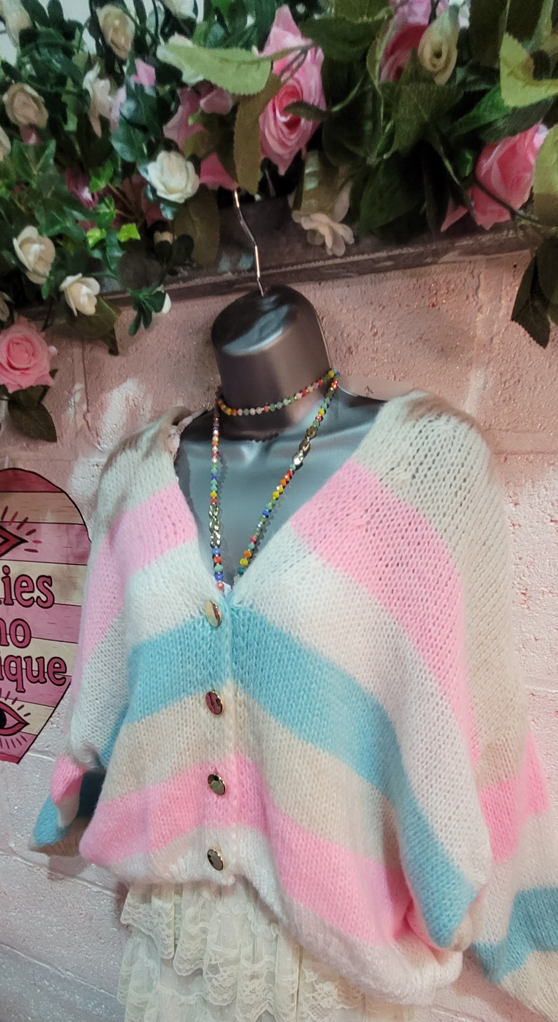 Samira Button Down Cardigan, Cream, Baby Pink & Blue Stripes