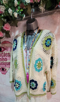 Dolly Crochet Knit Cardigan, Ivory & Green