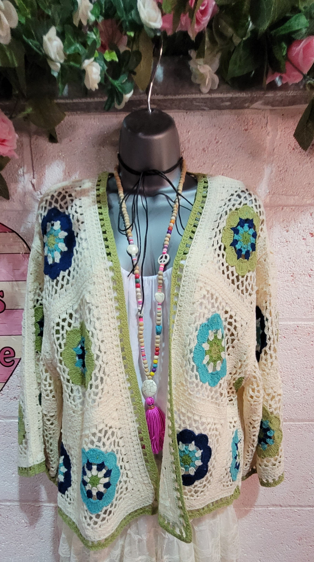 Dolly Crochet Knit Cardigan, Ivory & Green
