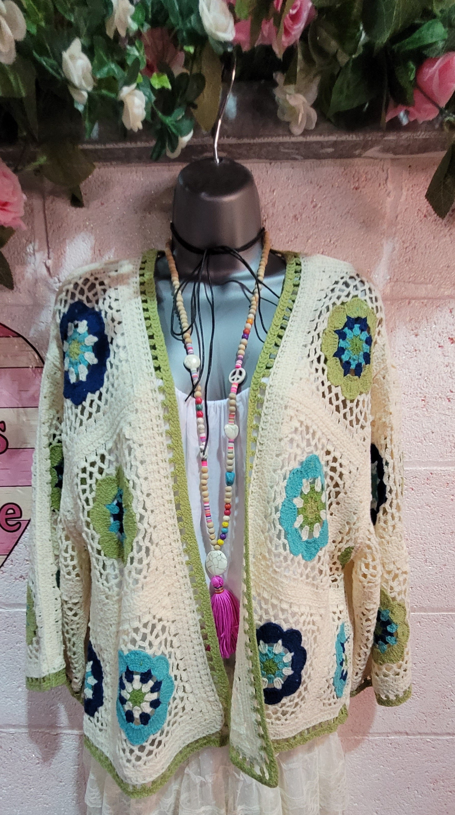 Dolly Crochet Knit Cardigan, Ivory & Green