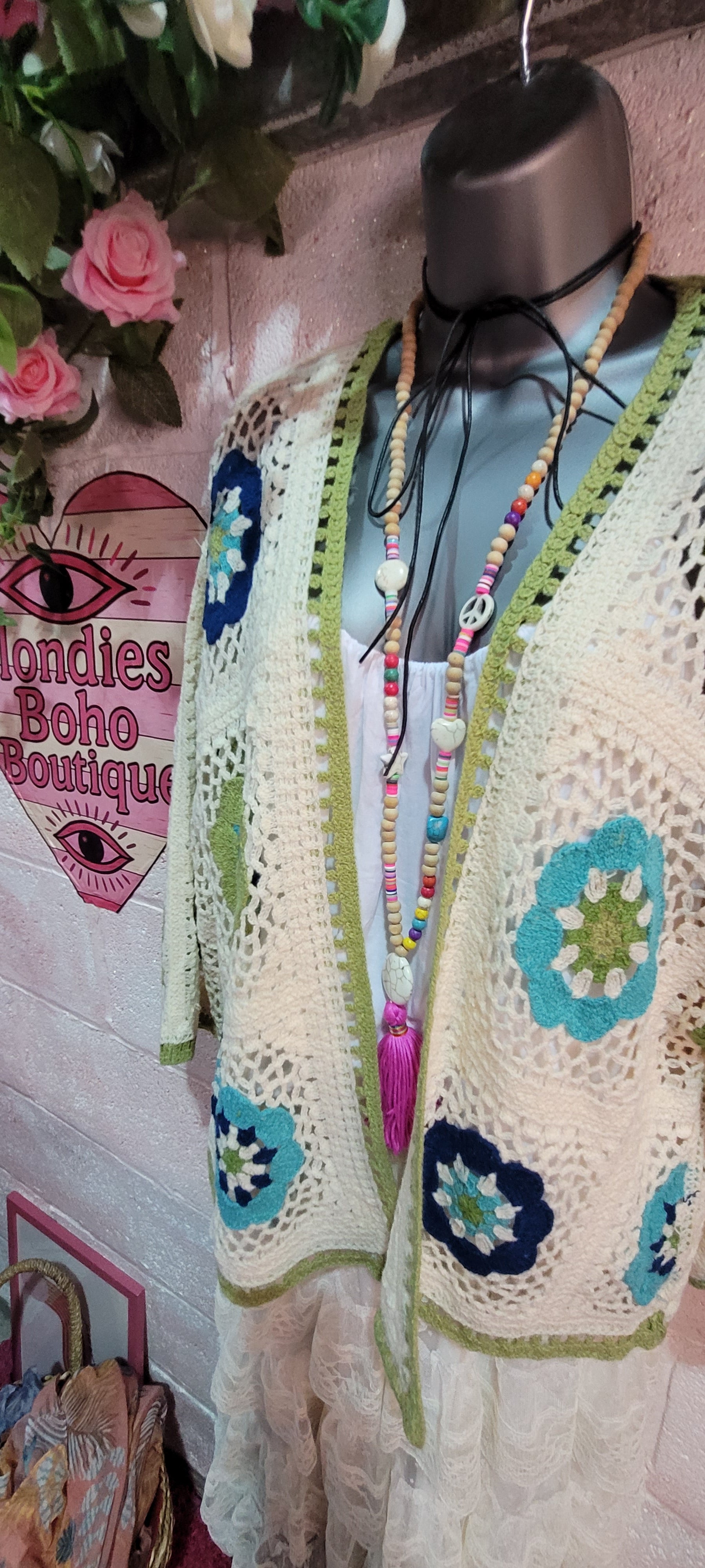 Dolly Crochet Knit Cardigan, Ivory & Green