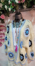 Dolly Crochet Knit Cardigan, Ivory & Blue