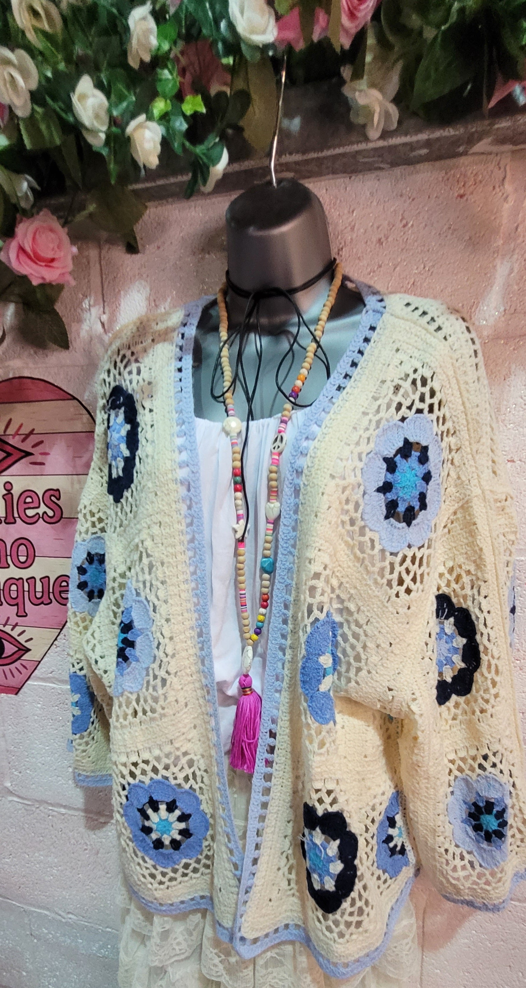 Dolly Crochet Knit Cardigan, Ivory & Blue