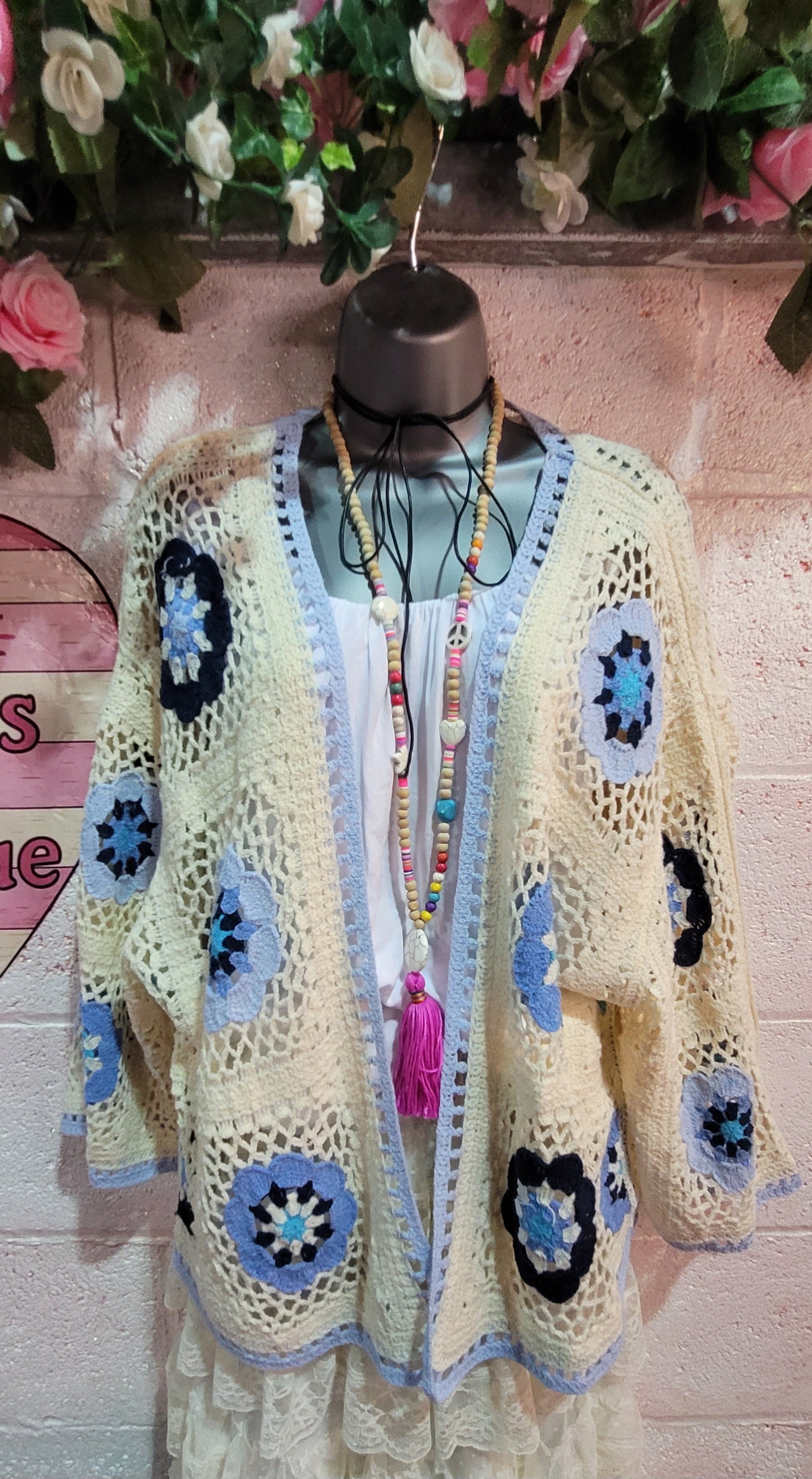 Dolly Crochet Knit Cardigan, Ivory & Blue