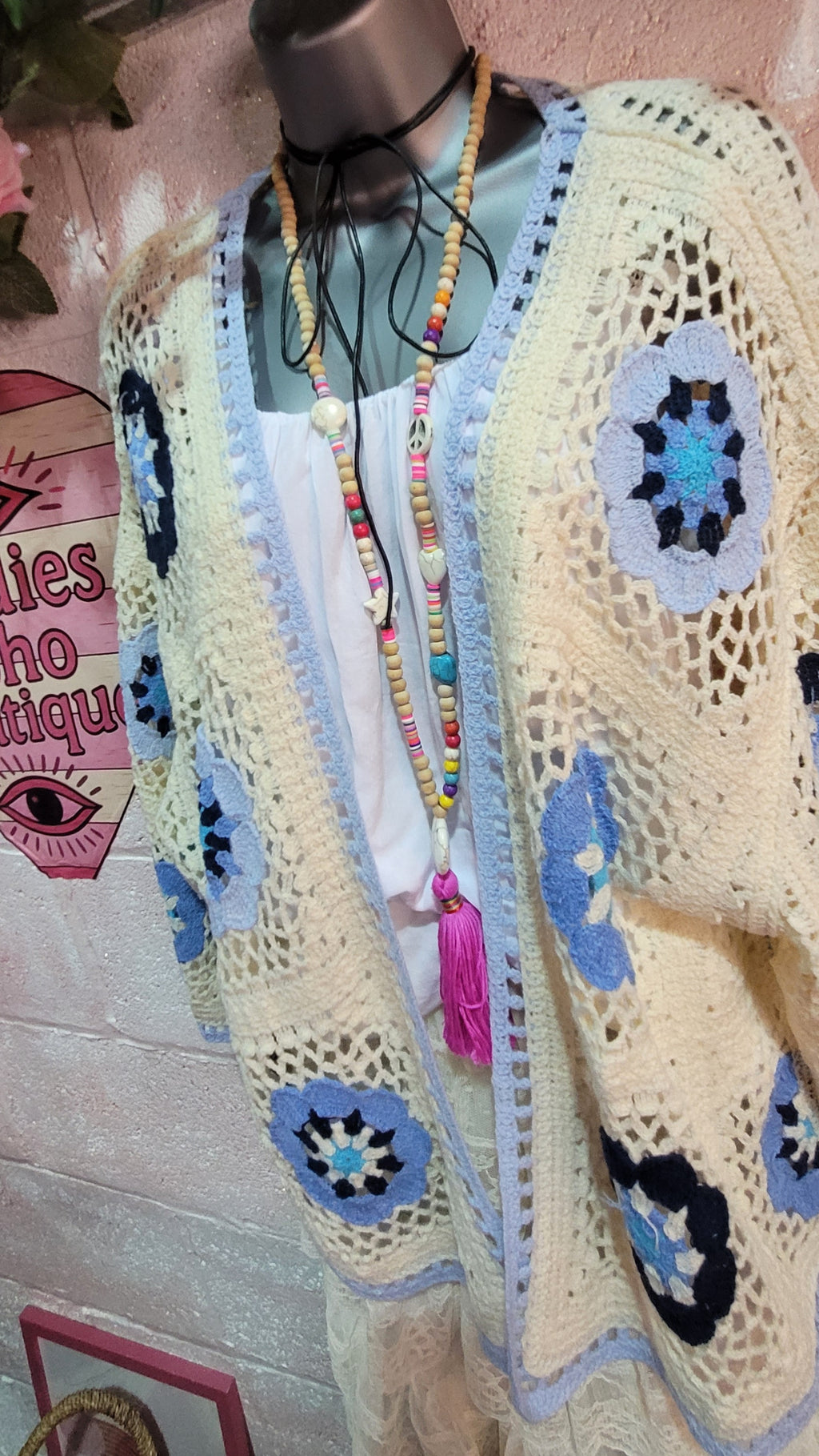 Dolly Crochet Knit Cardigan, Ivory & Blue