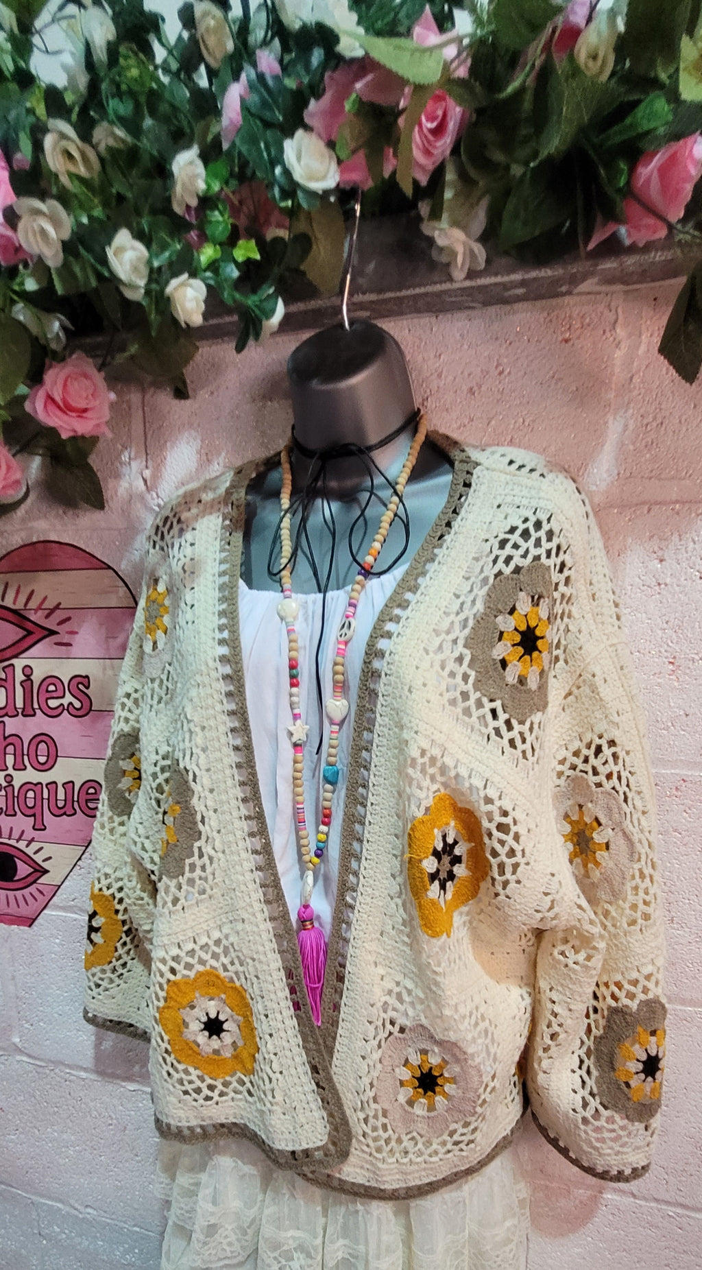 Dolly Crochet Knit Cardigan, Ivory & Mocha