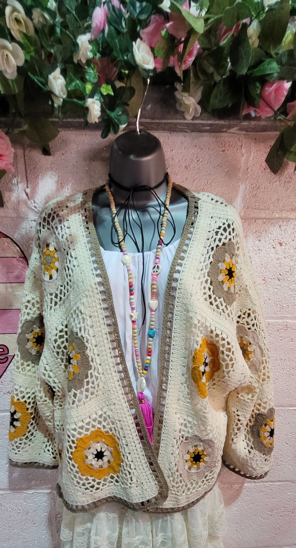 Dolly Crochet Knit Cardigan, Ivory & Mocha