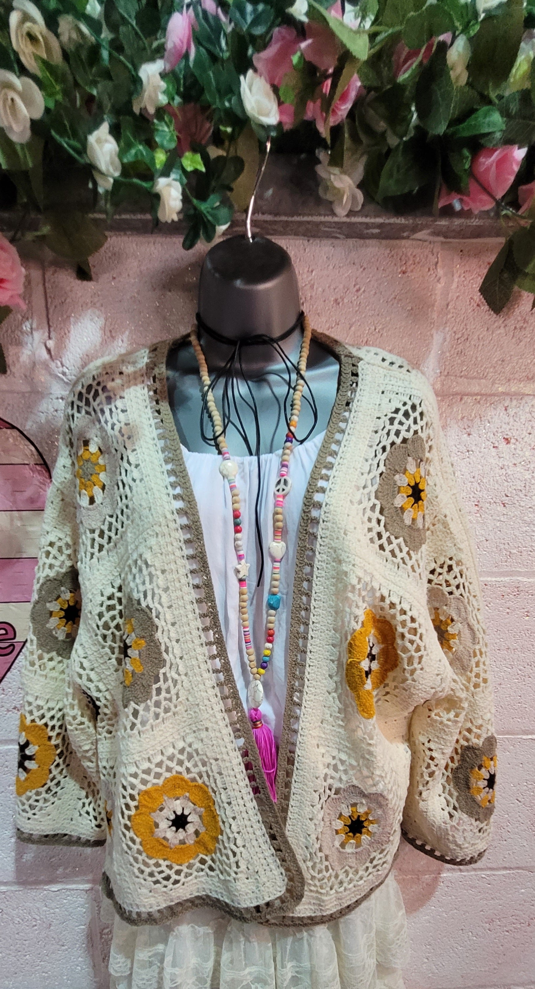Dolly Crochet Knit Cardigan, Ivory & Mocha