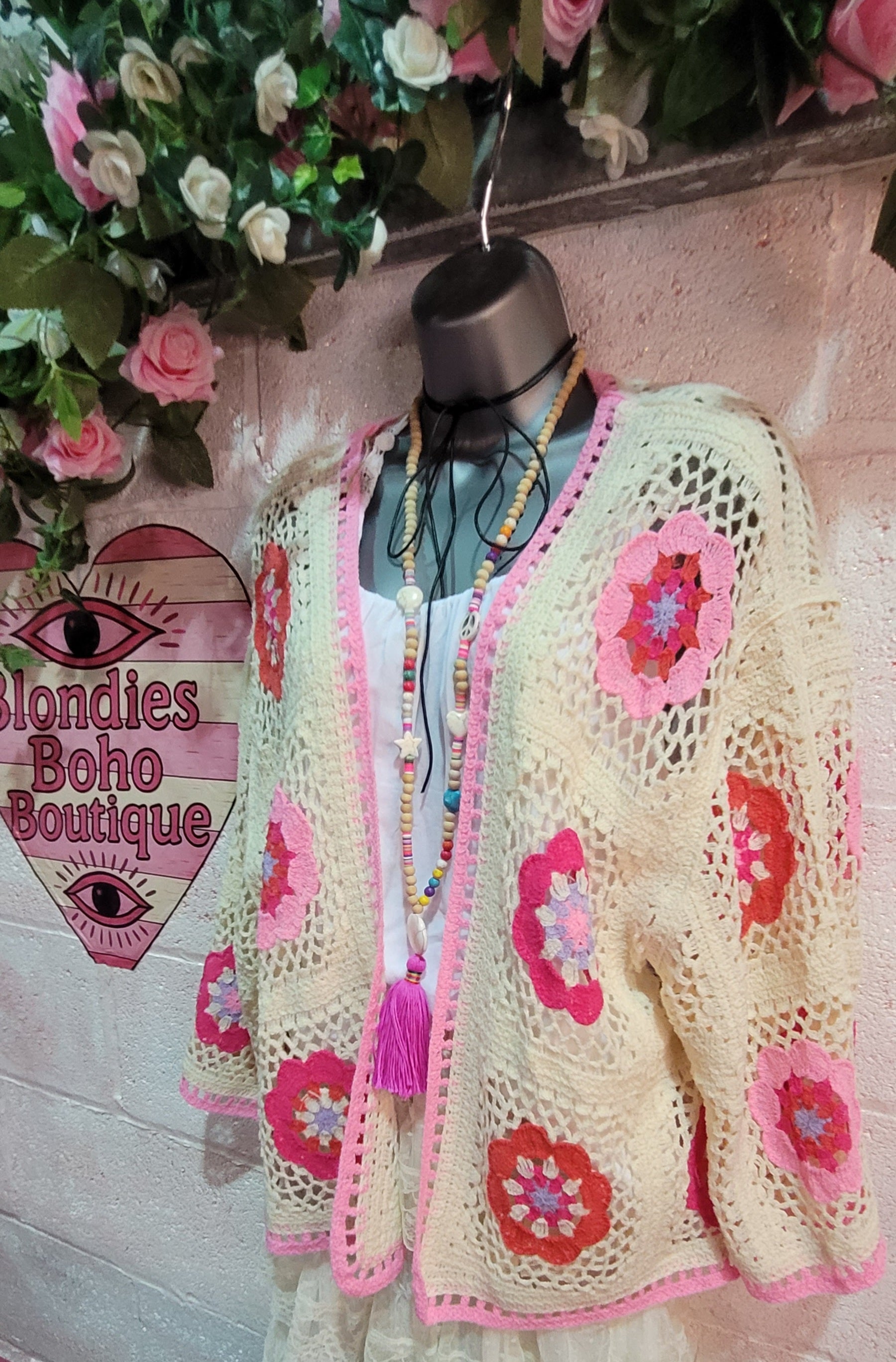 Dolly Crochet Knit Cardigan, Ivory & Pink