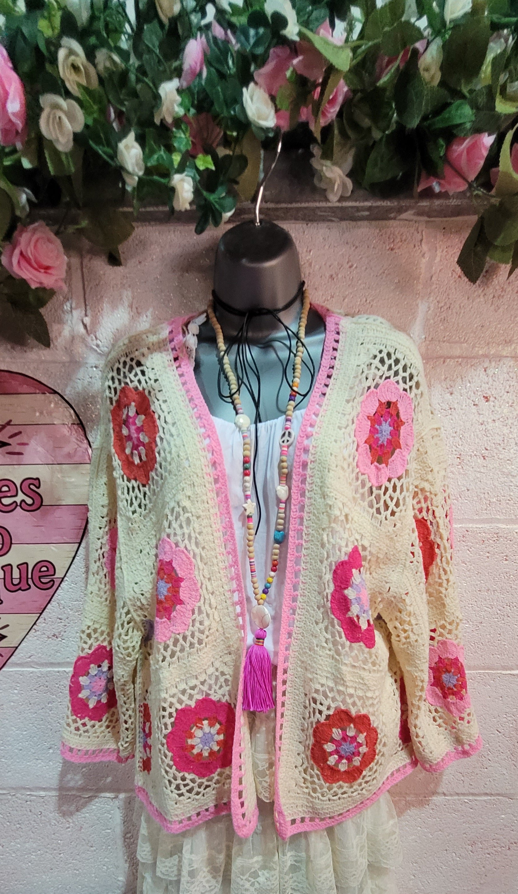 Dolly Crochet Knit Cardigan, Ivory & Pink