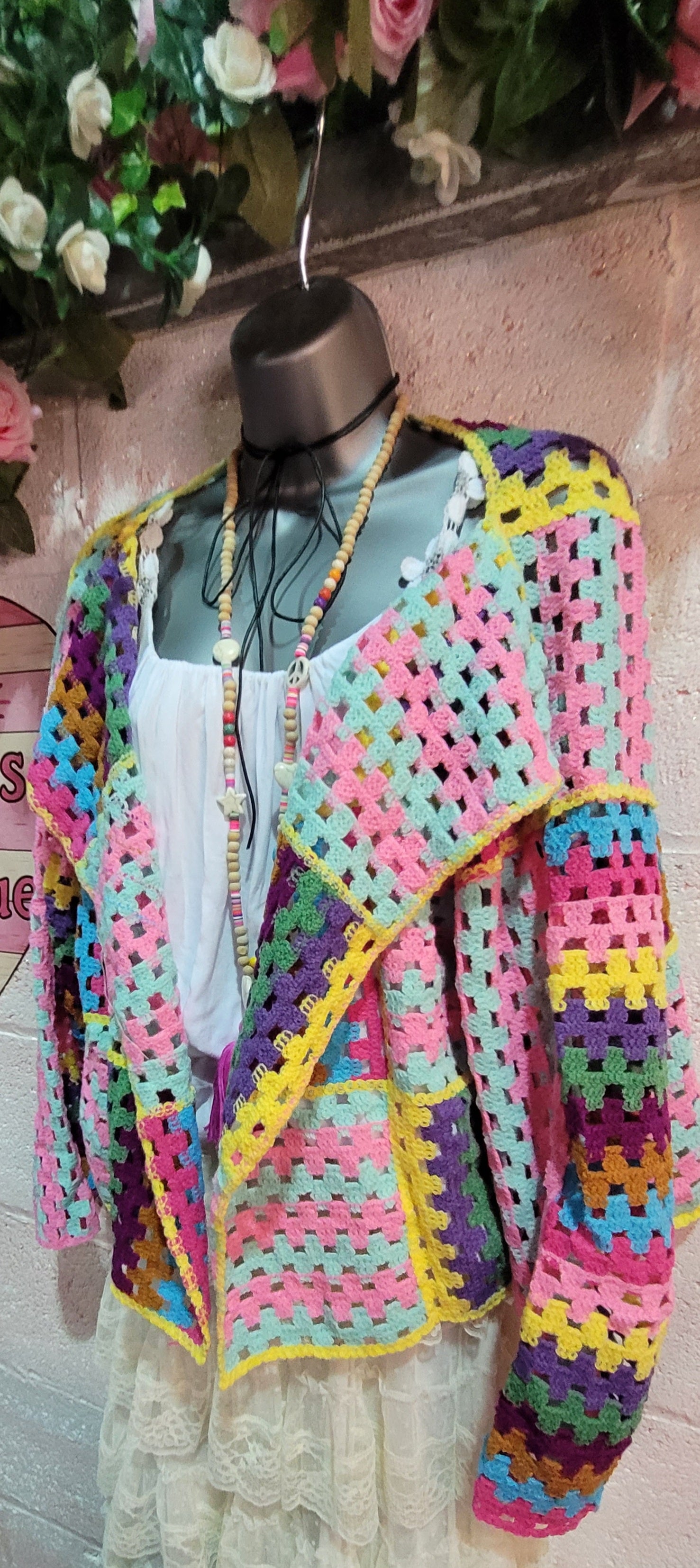 Rosie Rainbow Wide Collared Crochet Slouch Cardigan