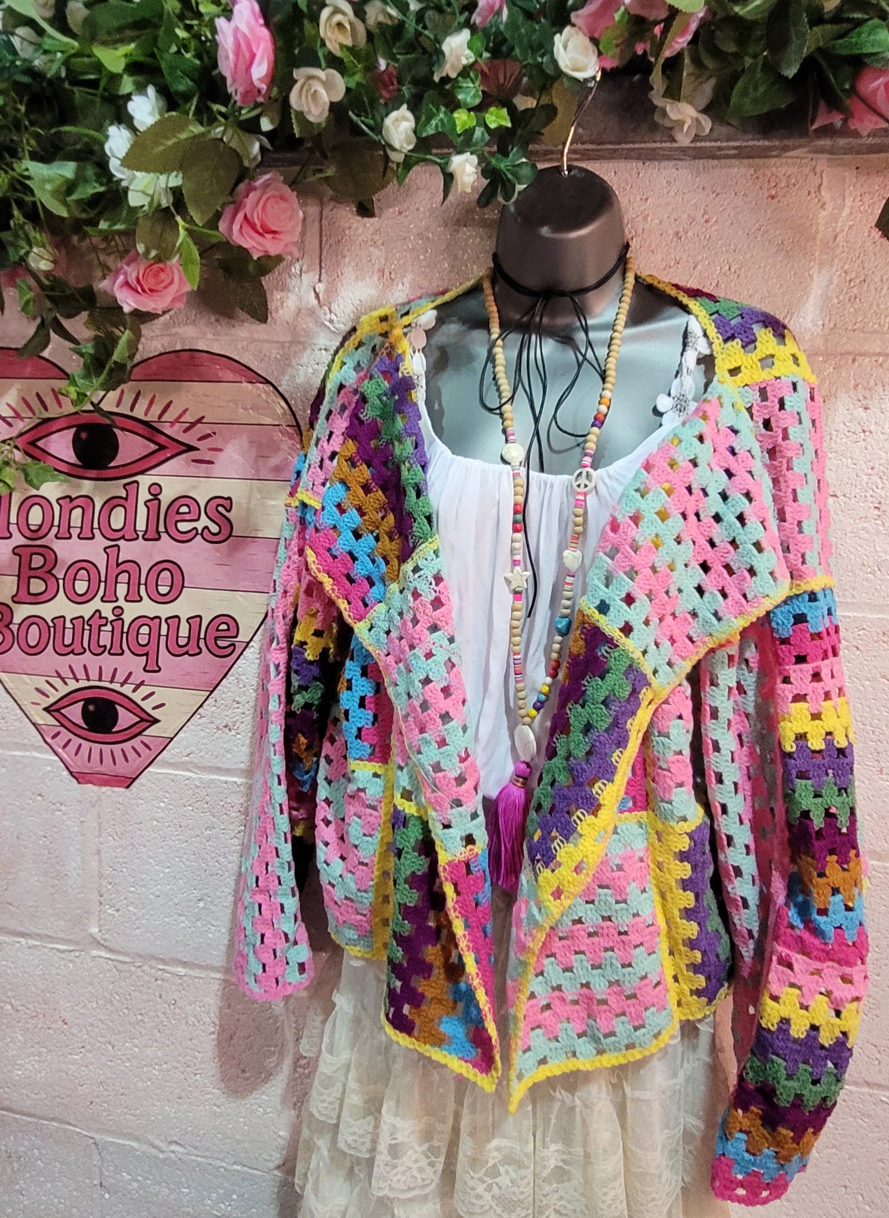 Rosie Rainbow Wide Collared Crochet Slouch Cardigan