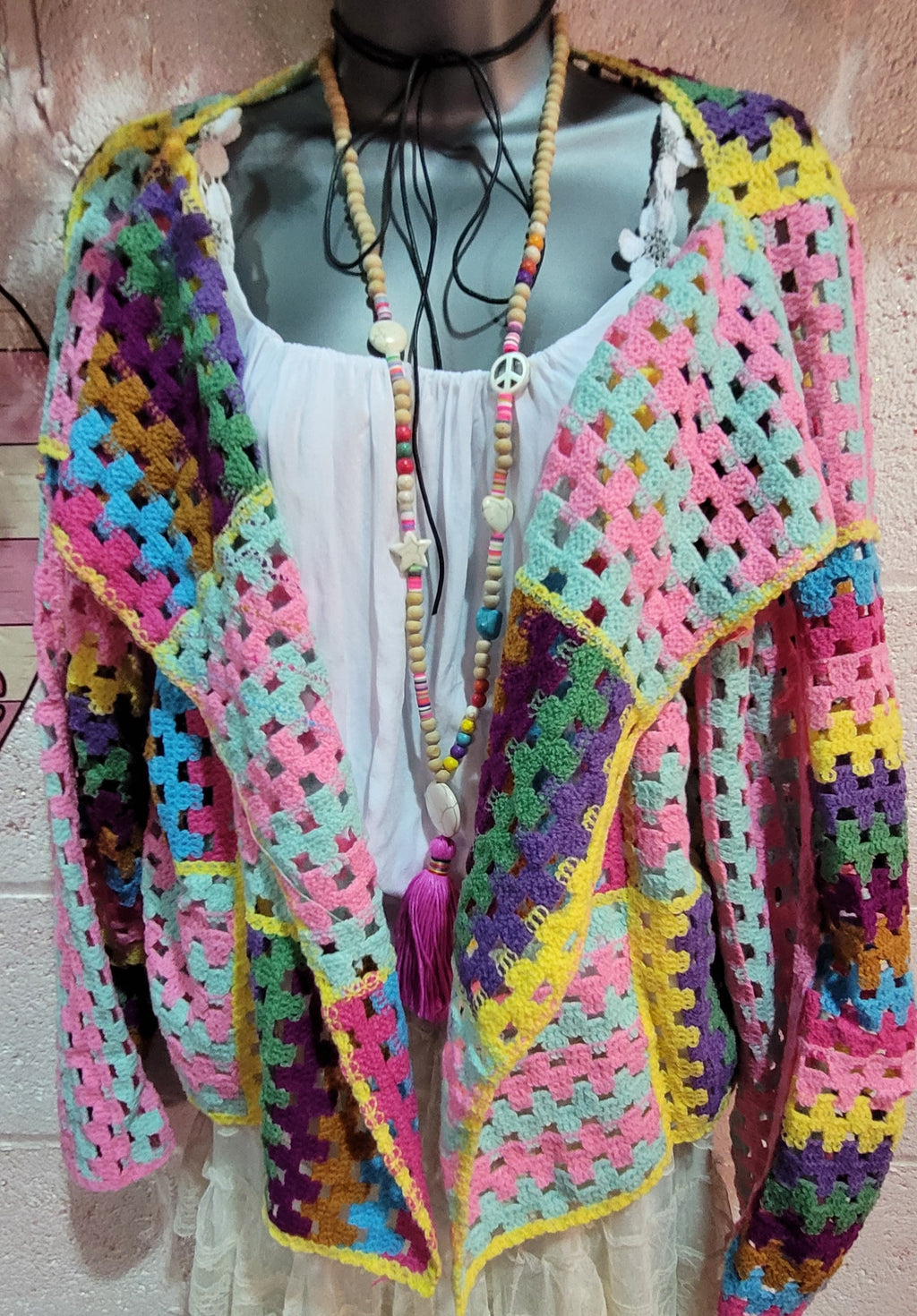 Rosie Rainbow Wide Collared Crochet Slouch Cardigan