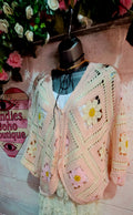 Dahlia Wing Sleeve Button Down Crochet Cardigan Pink & Ivory