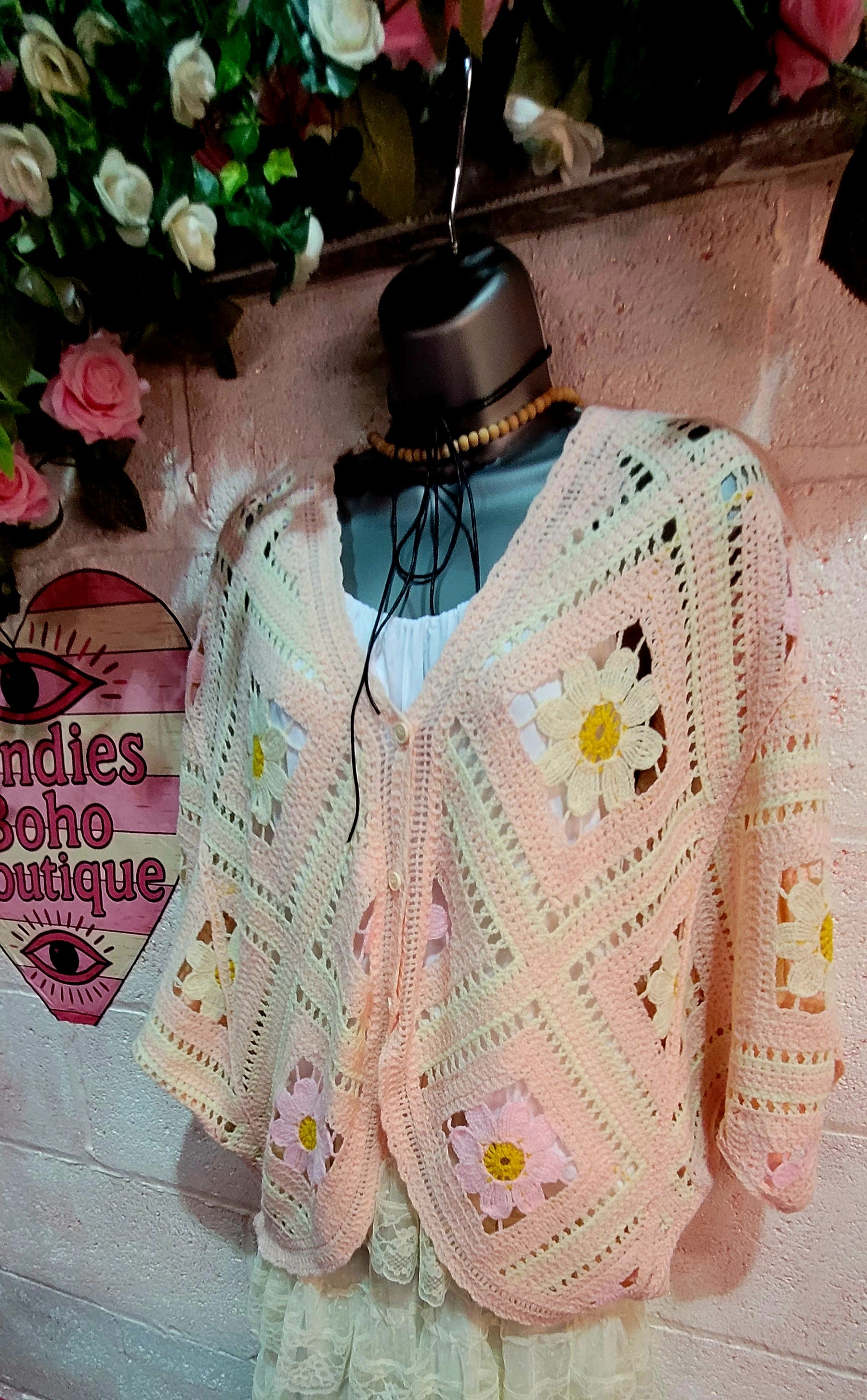 Dahlia Wing Sleeve Button Down Crochet Cardigan Pink & Ivory