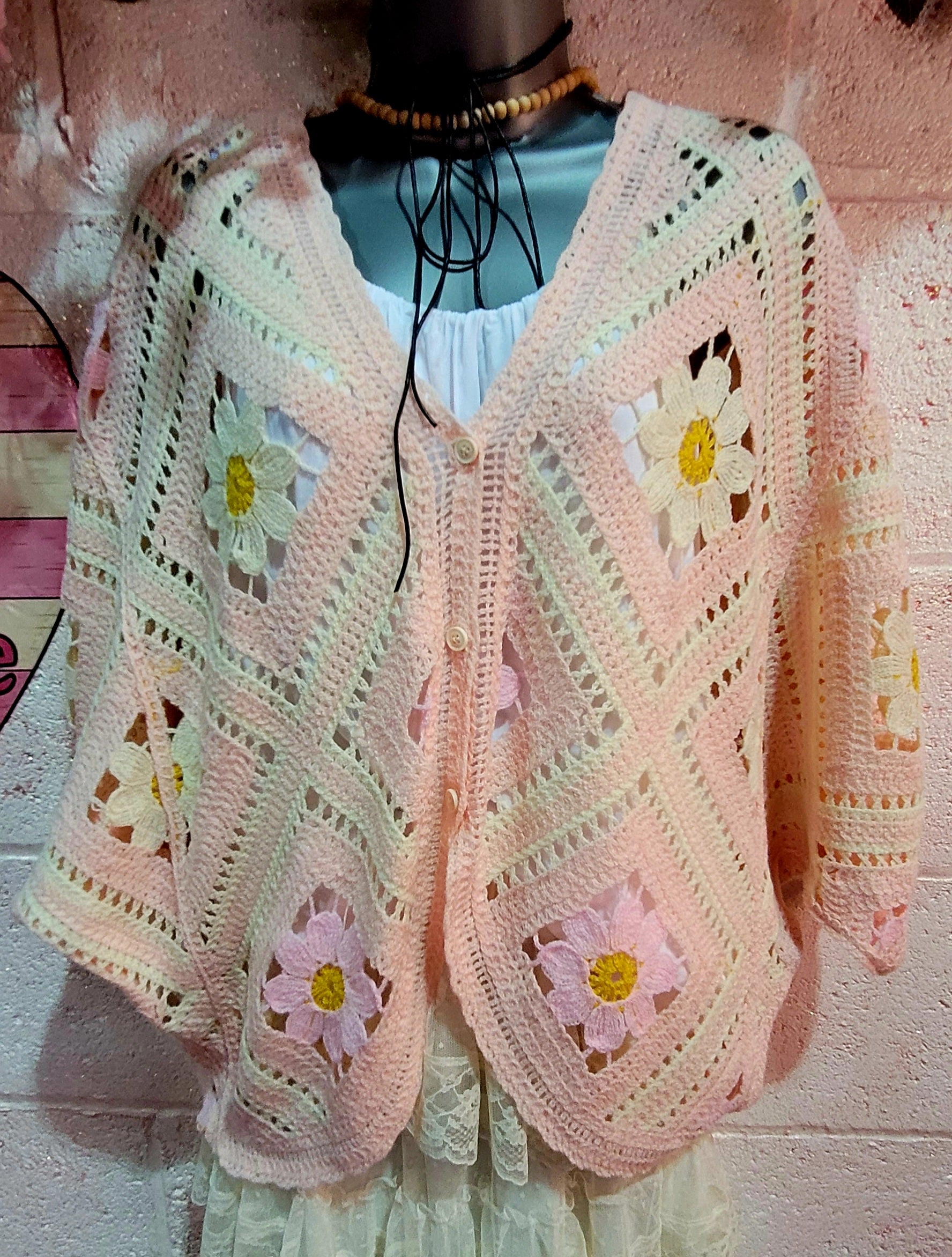 Dahlia Wing Sleeve Button Down Crochet Cardigan Pink & Ivory