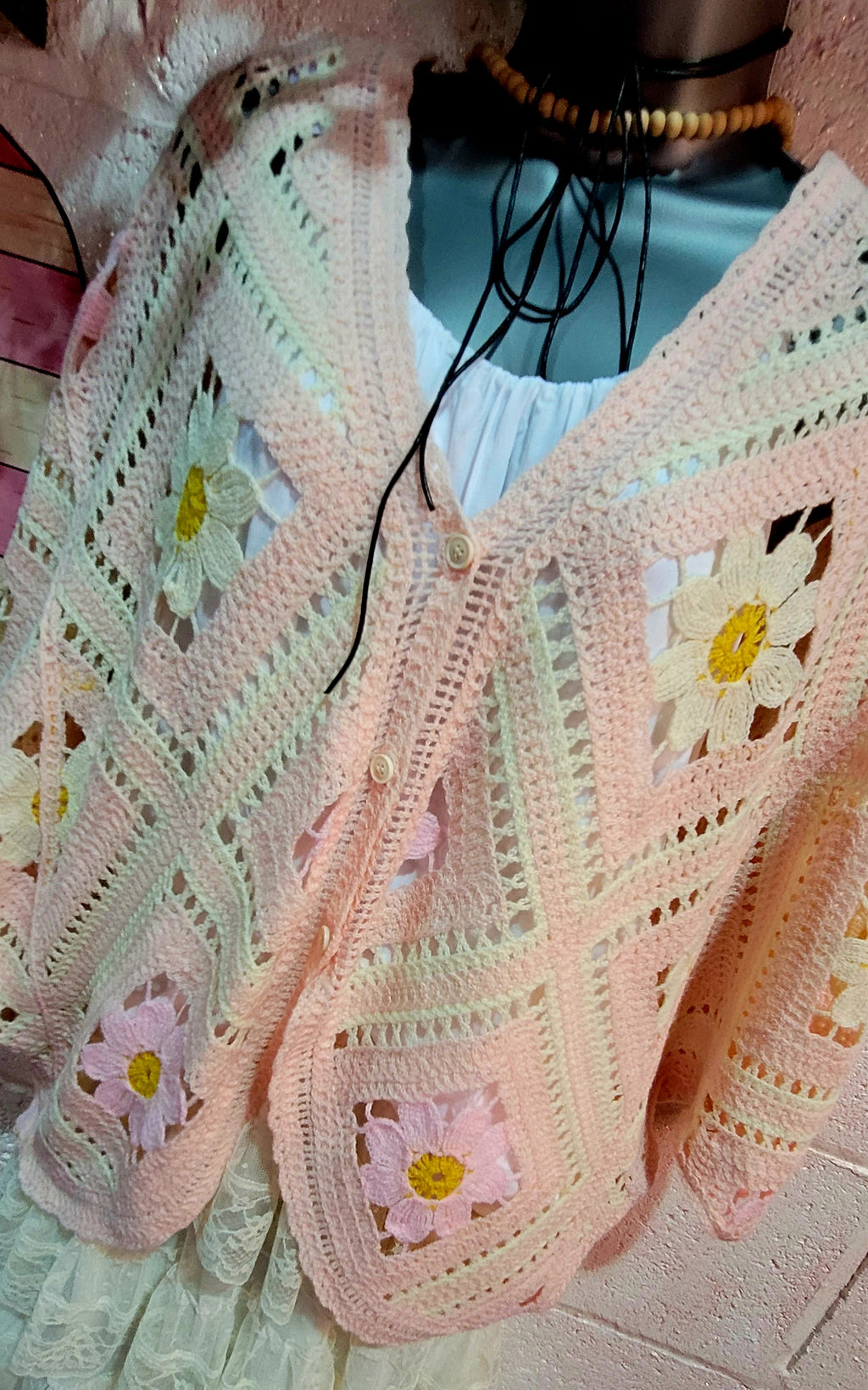 Dahlia Wing Sleeve Button Down Crochet Cardigan Pink & Ivory