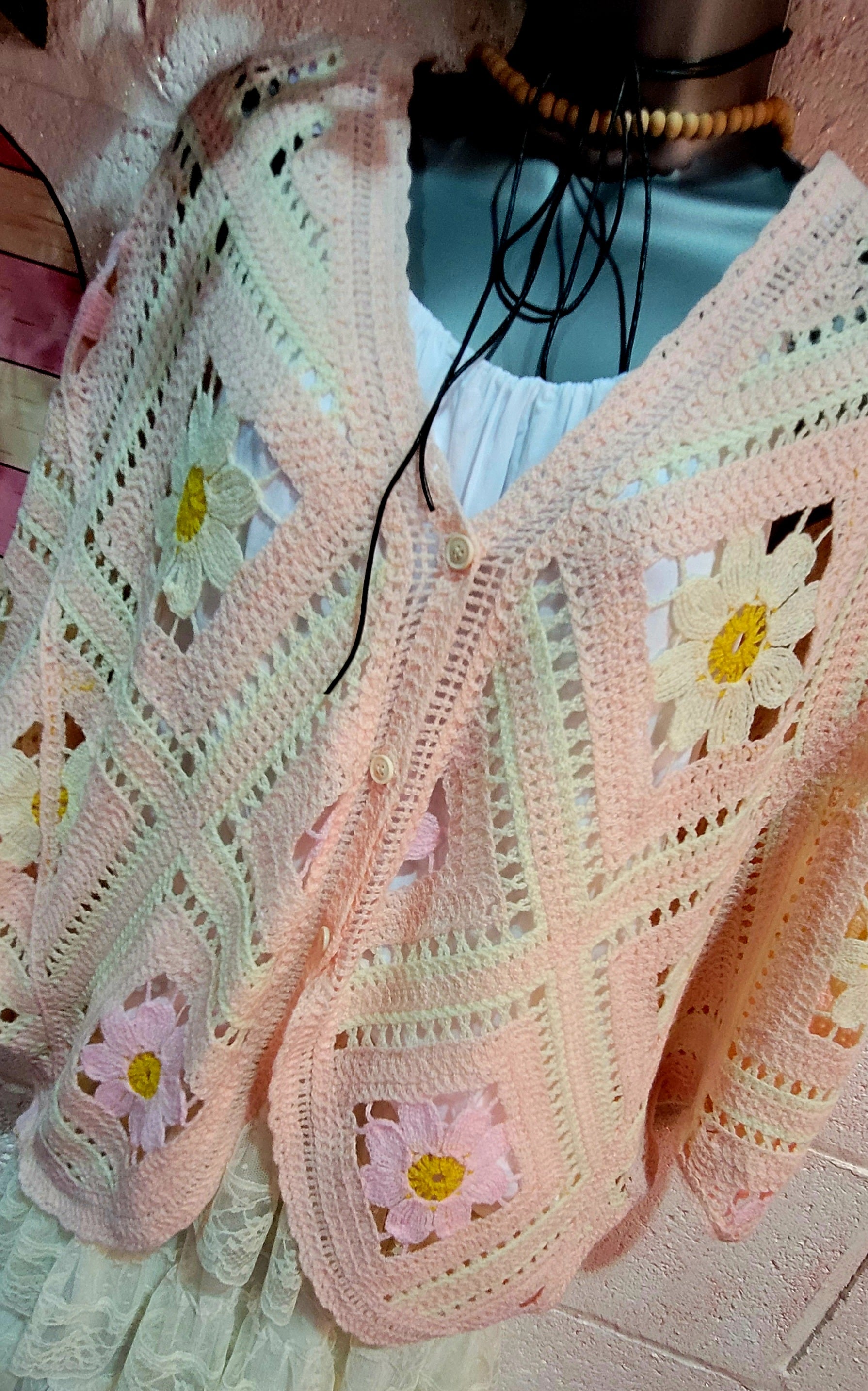 Dahlia Wing Sleeve Button Down Crochet Cardigan Pink & Ivory