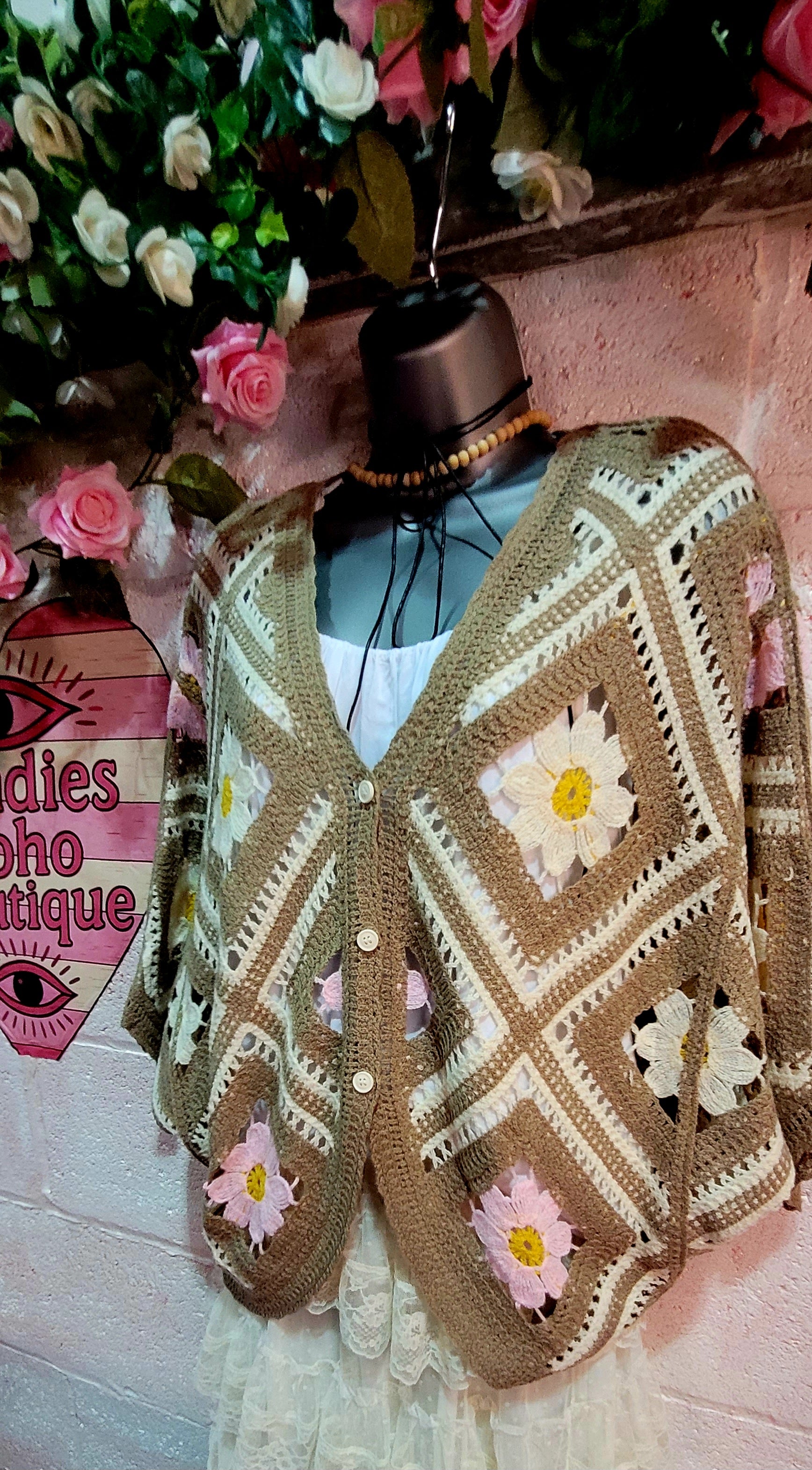 Dahlia Wing Sleeve Button Down Crochet Cardigan Mocha, Pink & Ivory