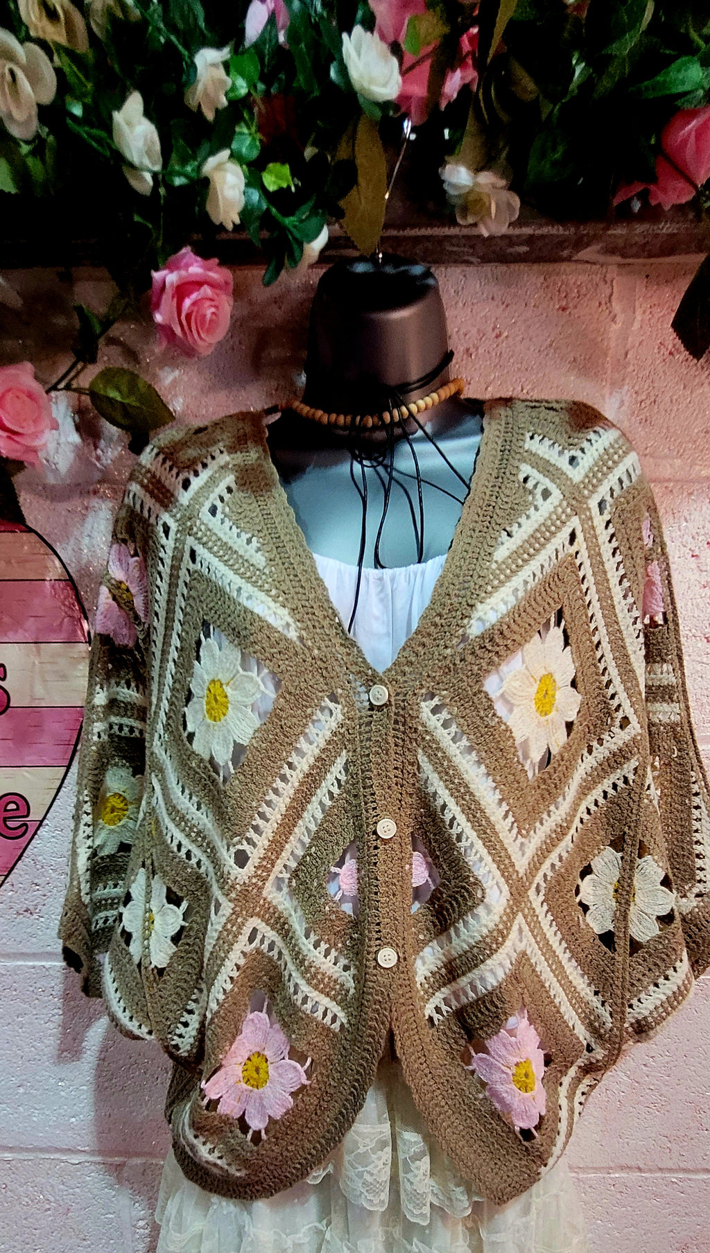 Dahlia Wing Sleeve Button Down Crochet Cardigan Mocha, Pink & Ivory