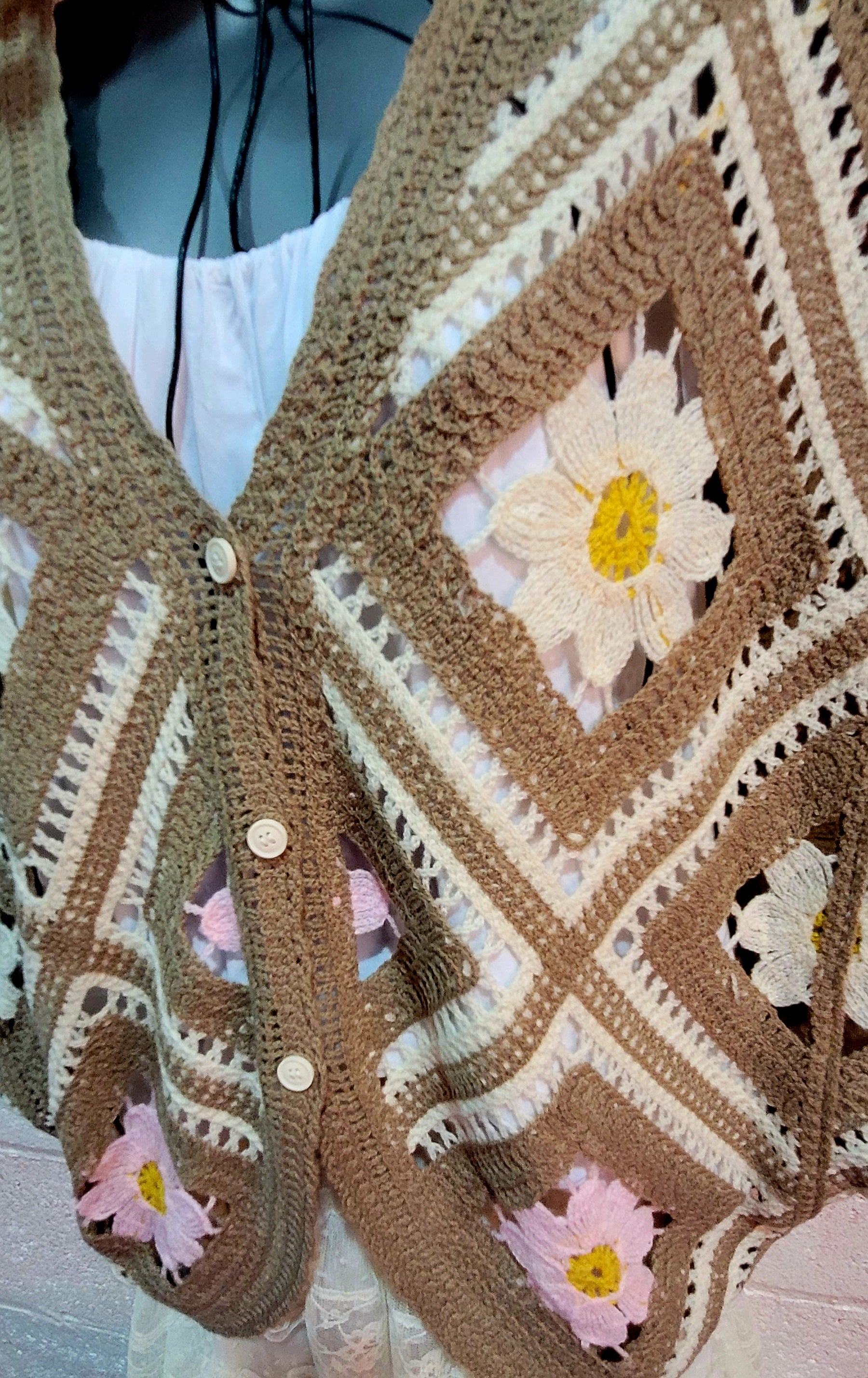 Dahlia Wing Sleeve Button Down Crochet Cardigan Mocha, Pink & Ivory
