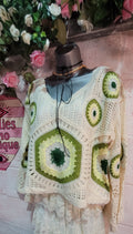 Flossy V Neck Crochet Jumper Ivory & Green