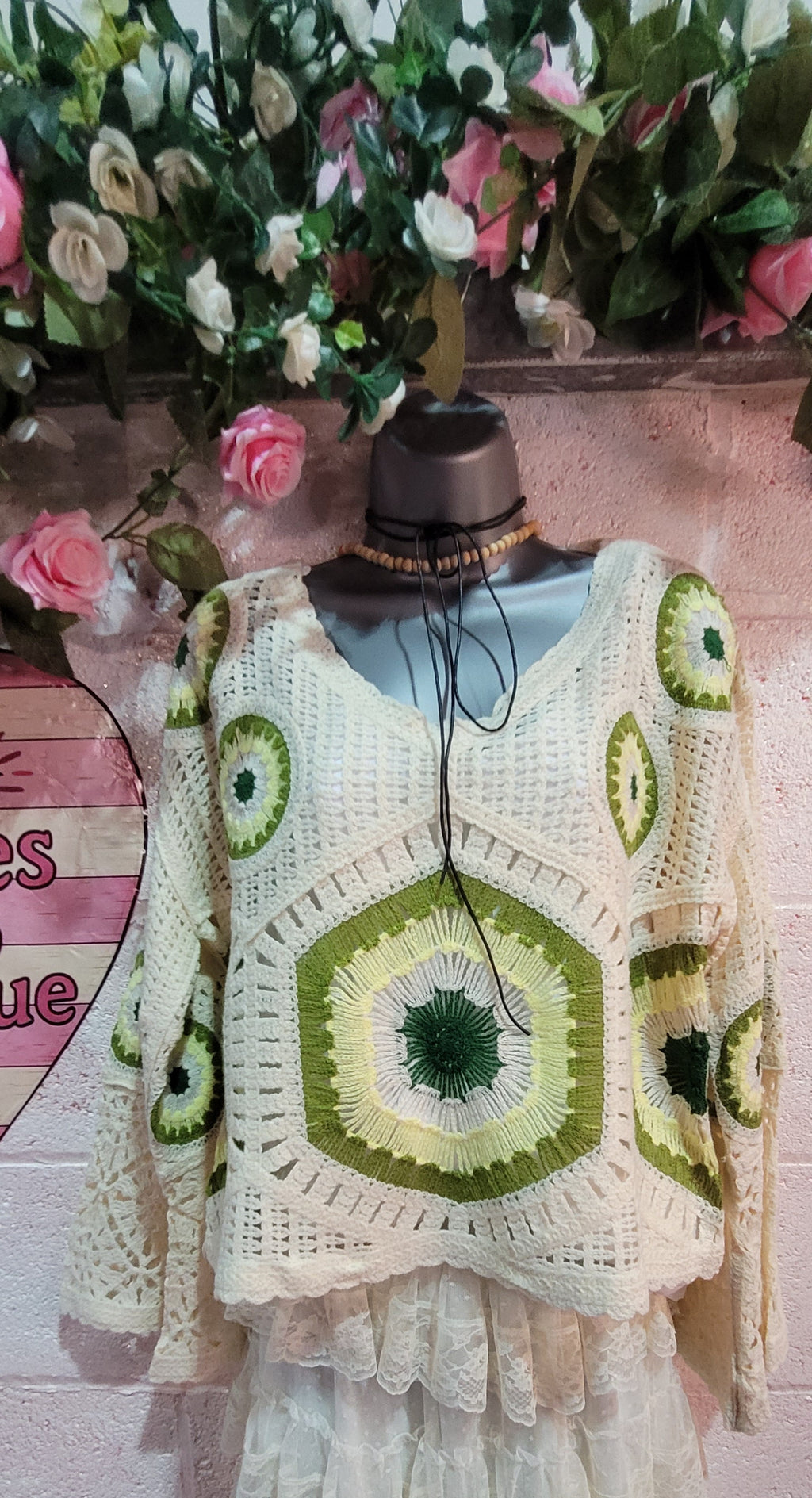 Flossy V Neck Crochet Jumper Ivory & Green