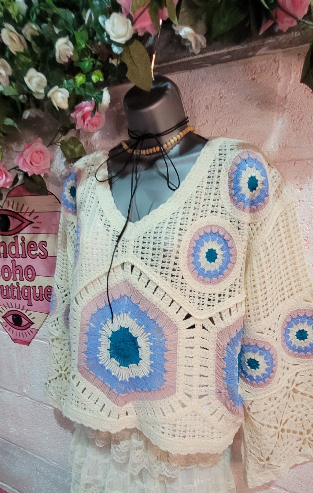 Flossy V Neck Crochet Jumper Ivory, Pink & Blue