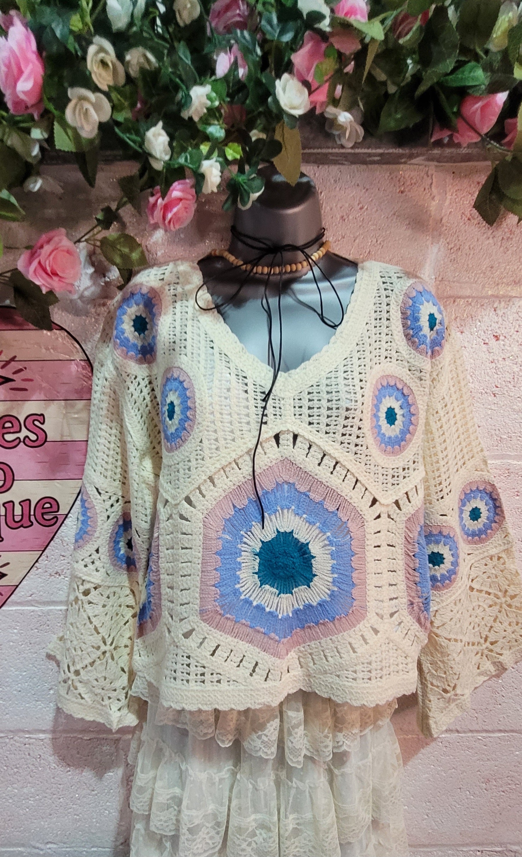 Flossy V Neck Crochet Jumper Ivory, Pink & Blue