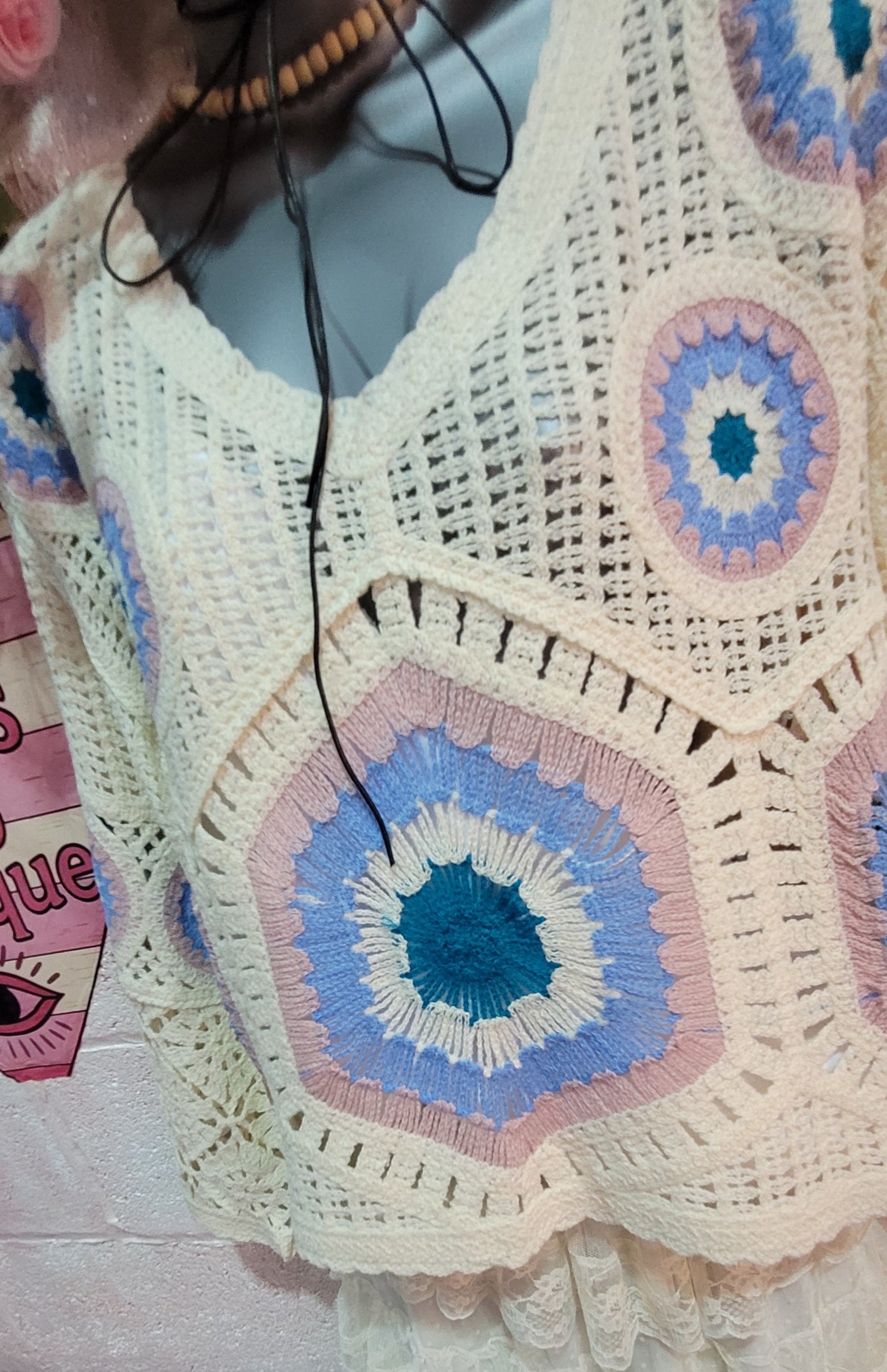 Flossy V Neck Crochet Jumper Ivory, Pink & Blue