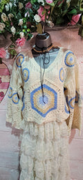 Flossy V Neck Crochet Jumper Ivory, Oatmeal & Cream