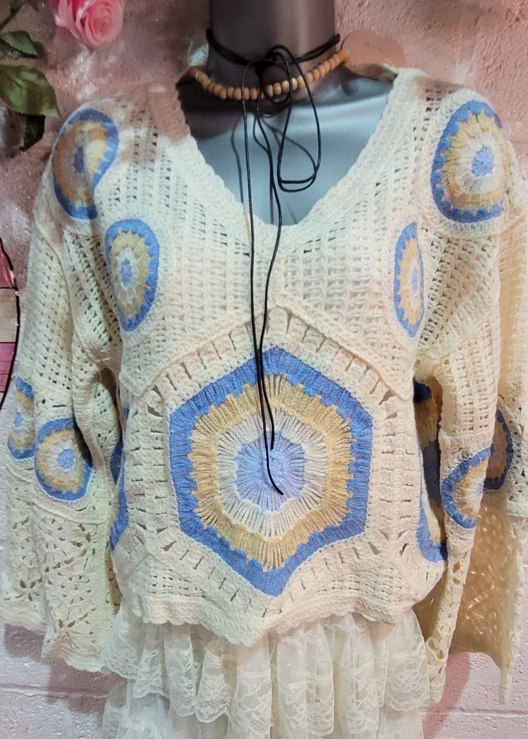 Flossy V Neck Crochet Jumper Ivory, Oatmeal & Cream