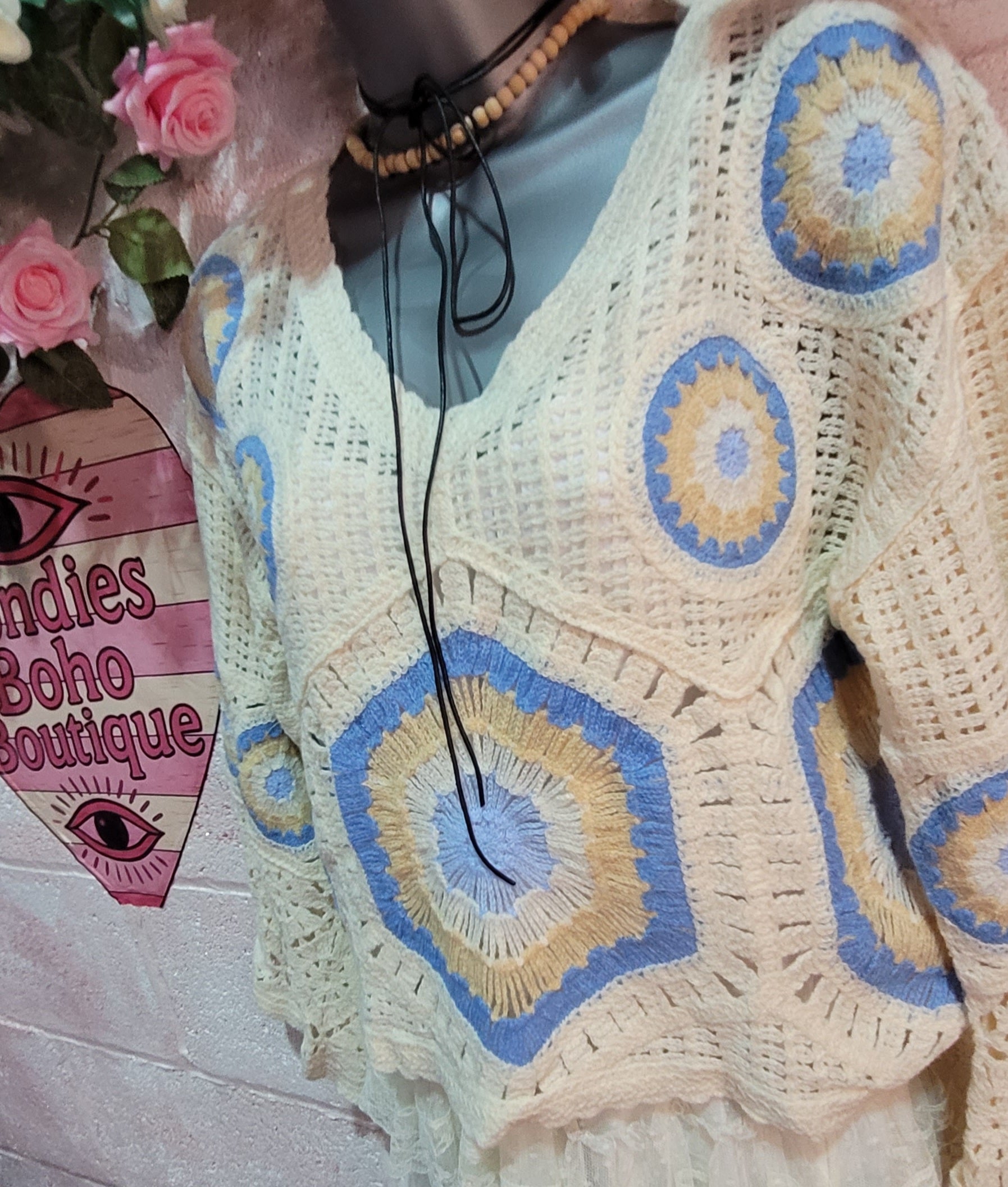 Flossy V Neck Crochet Jumper Ivory, Oatmeal & Cream