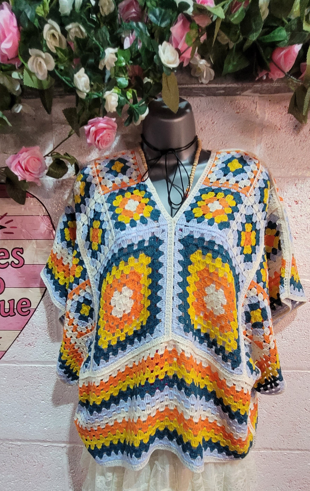 Saskia Bow Backed A-Sym Crochet Top Tangerine, Ivory & Navy
