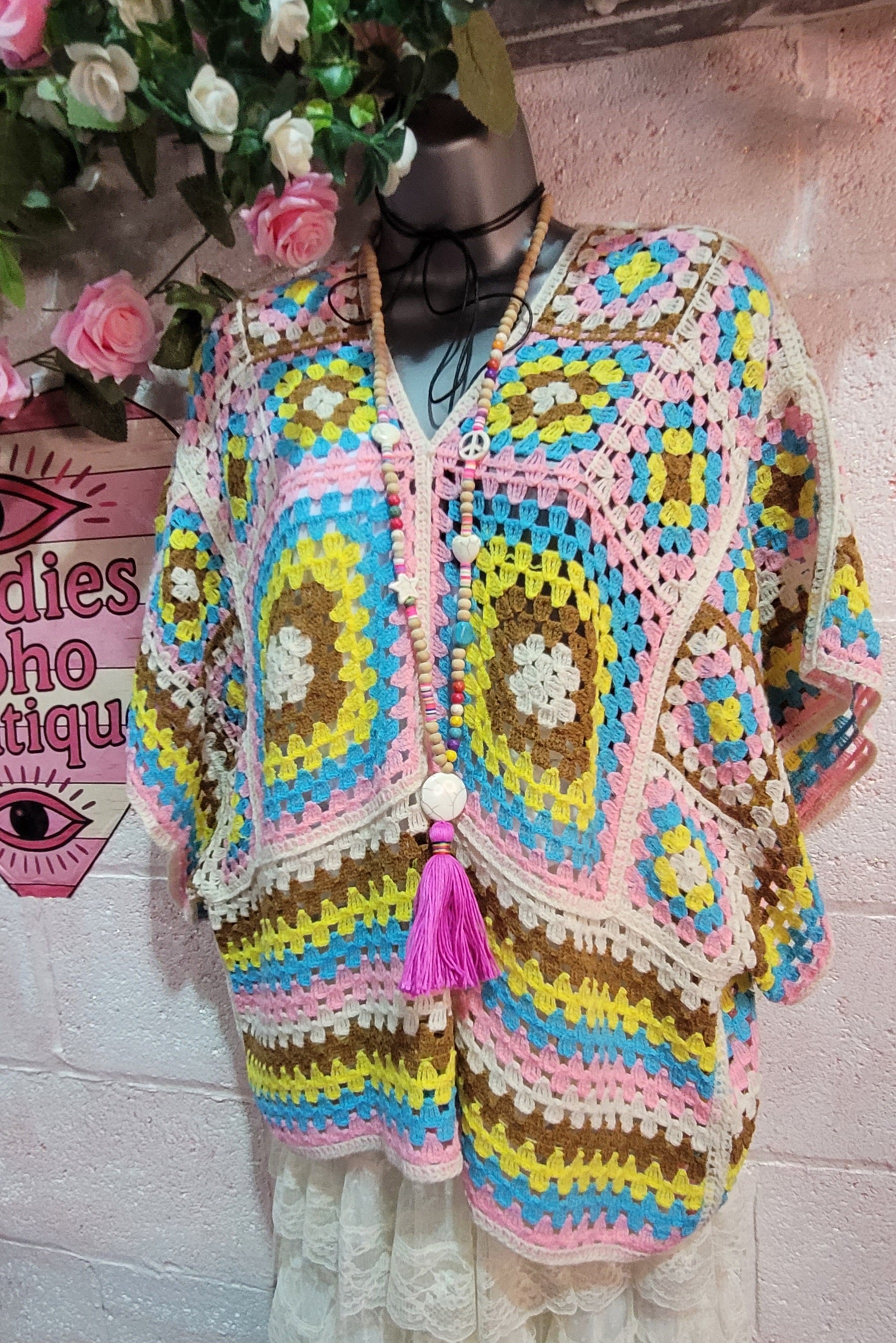 Saskia Bow Backed A-Sym Crochet Top Pink, Lemon & Blue