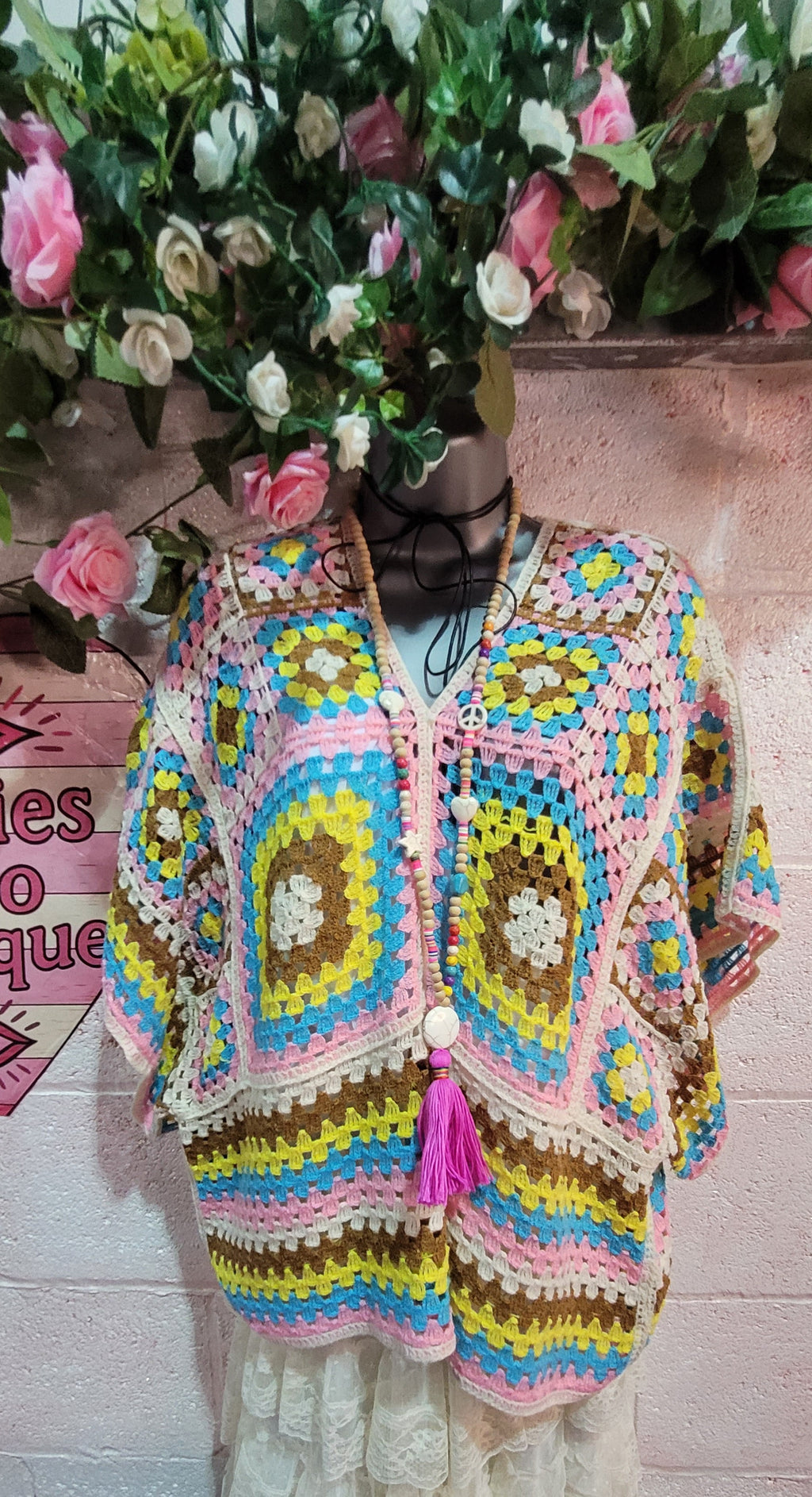 Saskia Bow Backed A-Sym Crochet Top Pink, Lemon & Blue