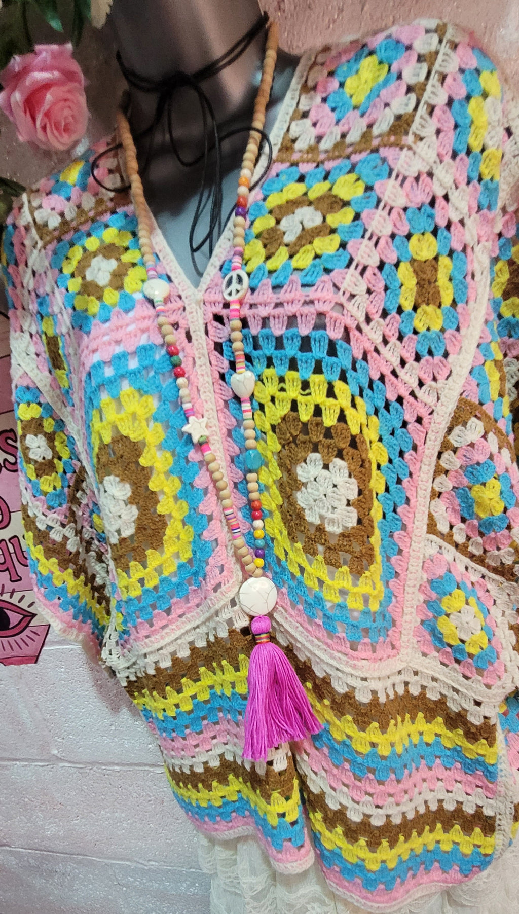 Saskia Bow Backed A-Sym Crochet Top Pink, Lemon & Blue