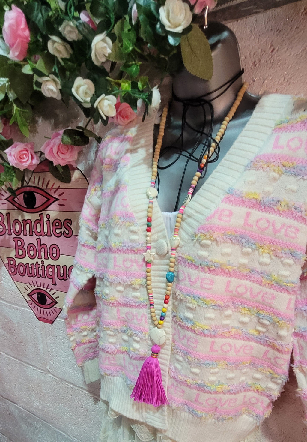 Lola Love Button Down Cardigan Cream & Powder Pink