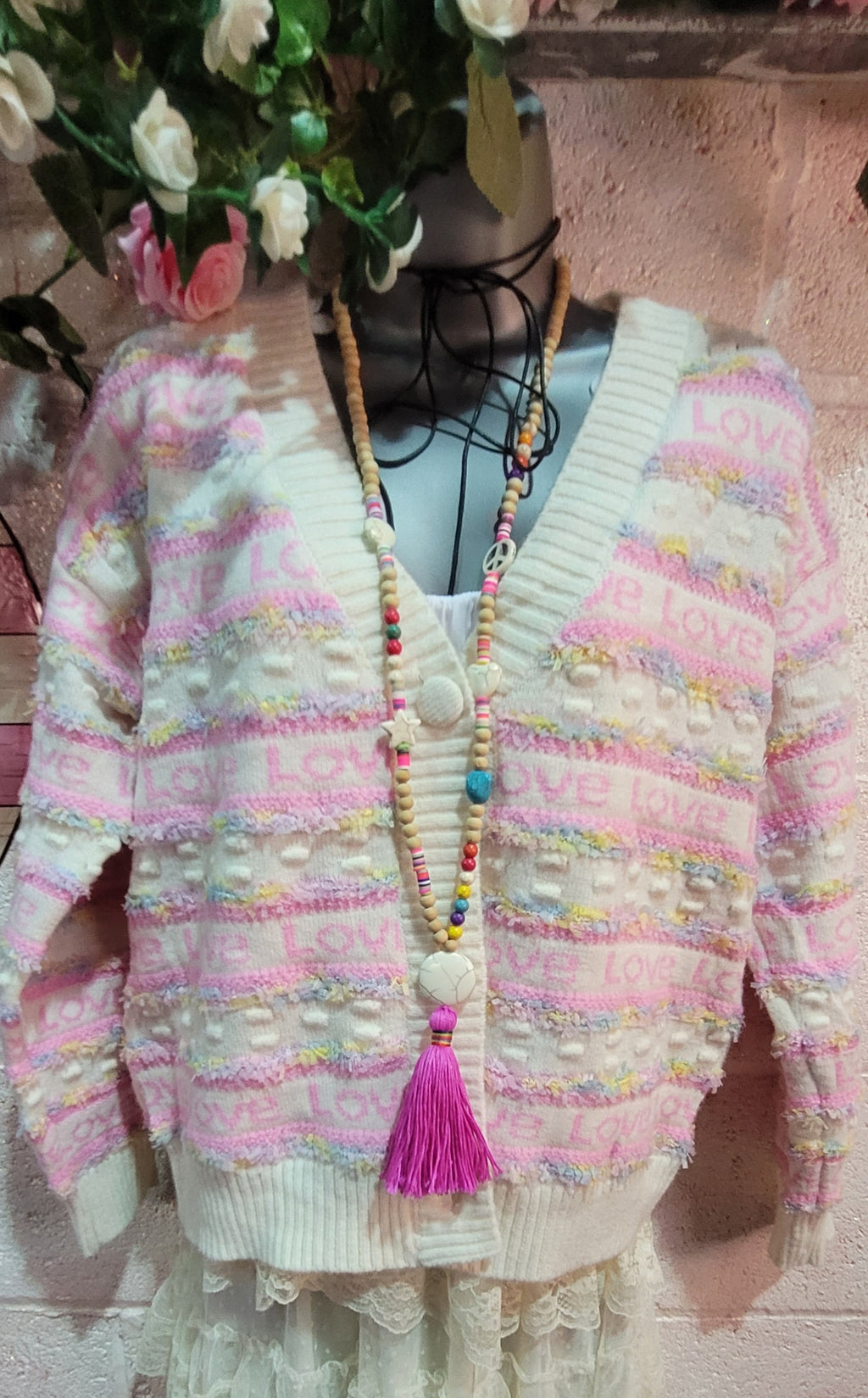 Lola Love Button Down Cardigan Cream & Powder Pink